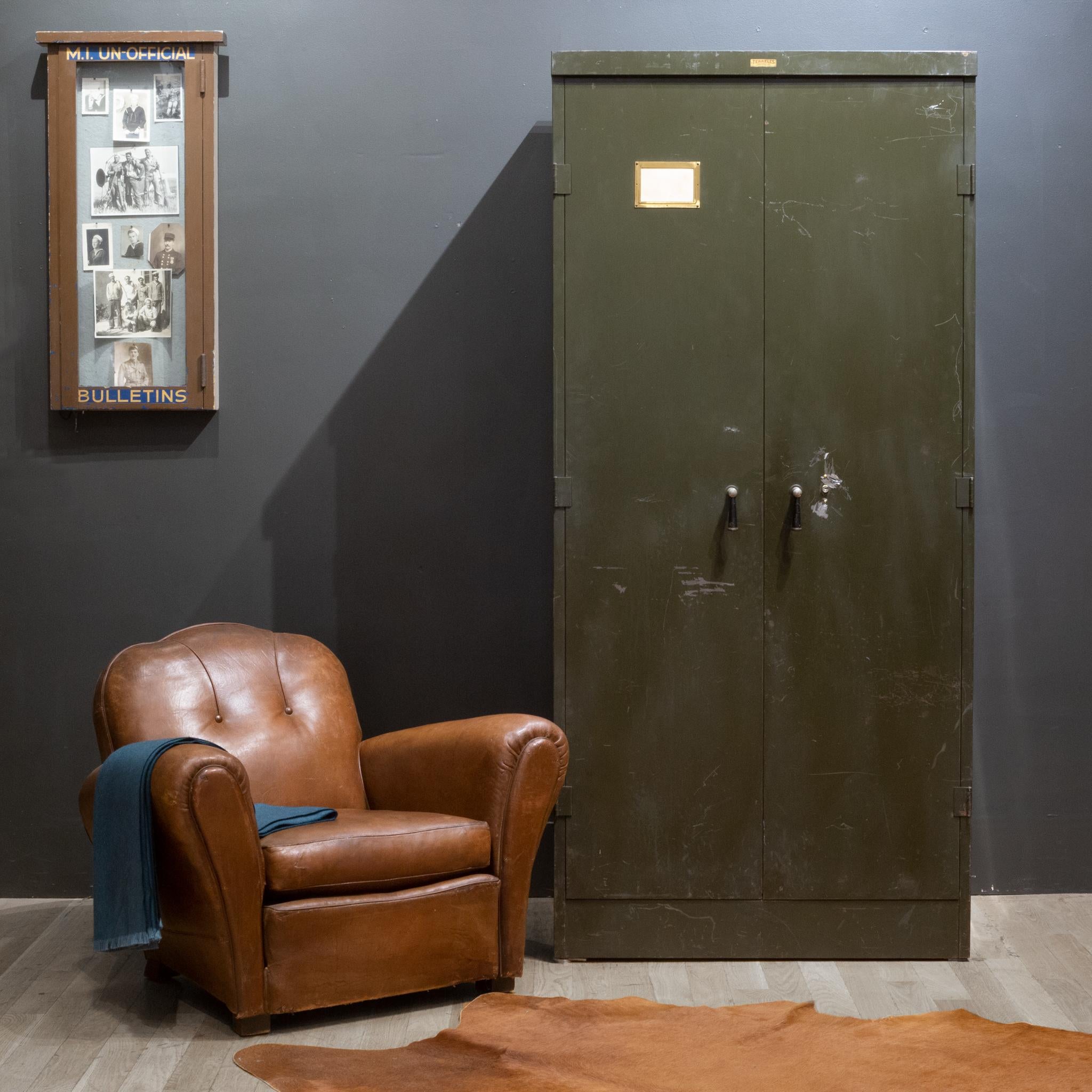 About

A large, Army green metal cabinet with 2 large doors, 5 adjustable shelves and metal and brass tipped handles. Original label. The cabinet has 1 inch spaced notches inside from top to bottom to adjust the shelves.

Contact us for more