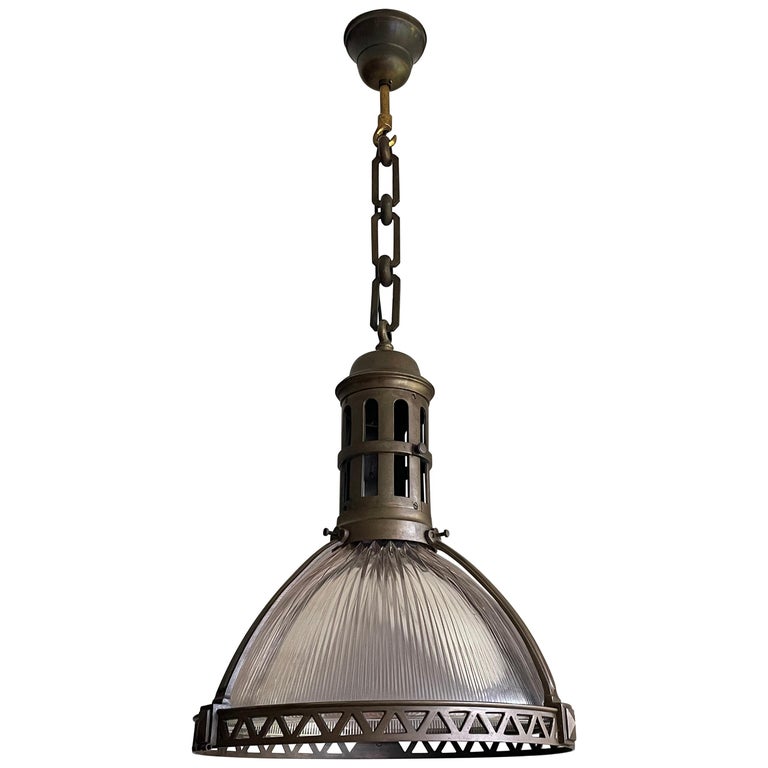 Large Industrial Arts & Crafts Bronze and Prismatic Glass Holophane Pendant For Sale