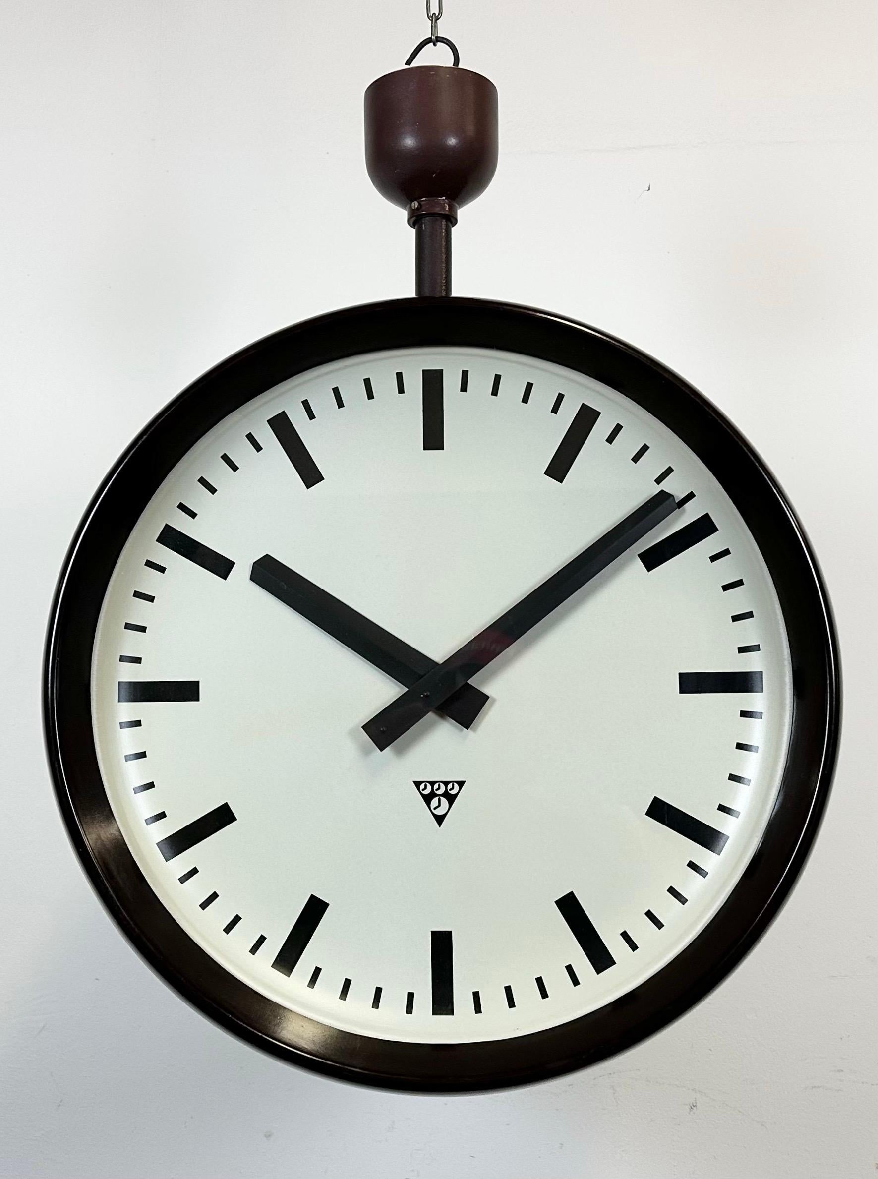 Czech Large Industrial Bakelite Double Sided Factory Clock from Pragotron, 1950s For Sale