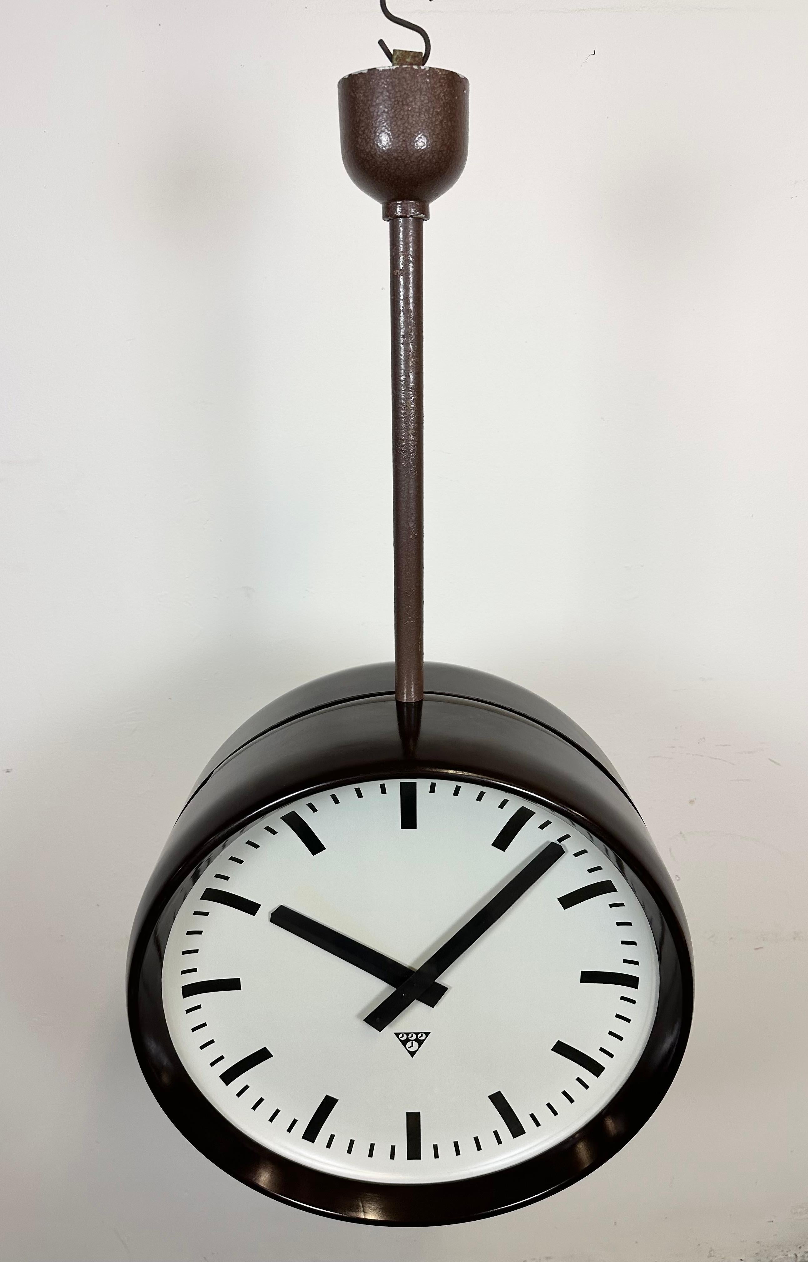 Glass Large Industrial Bakelite Double Sided Factory Clock from Pragotron, 1950s