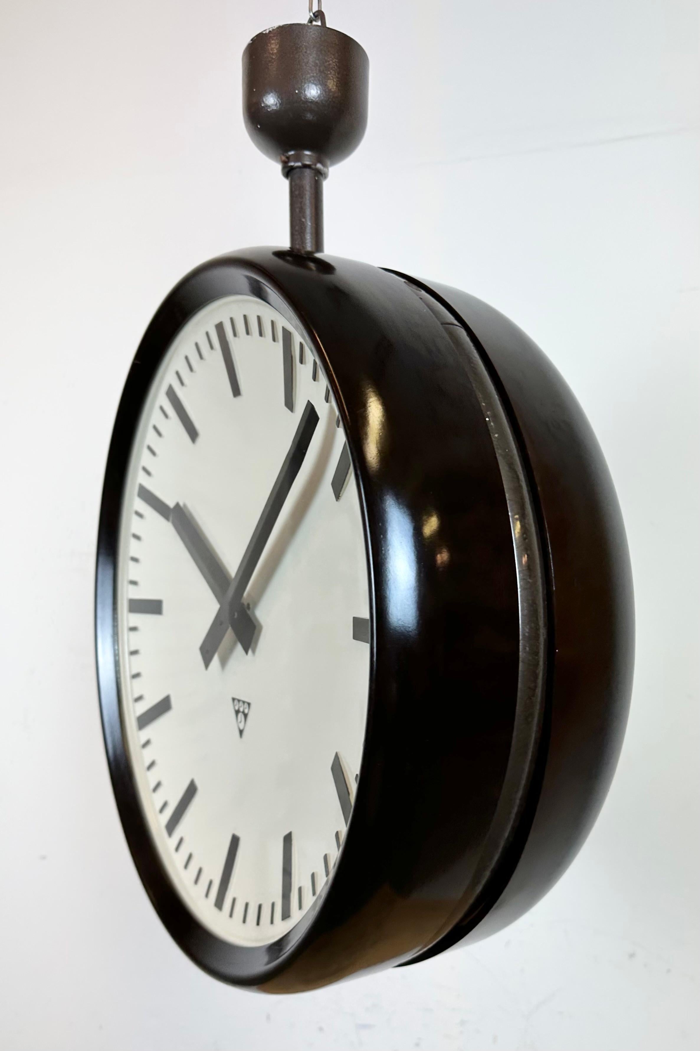 Glass Large Industrial Bakelite Double Sided Factory Clock from Pragotron, 1950s For Sale