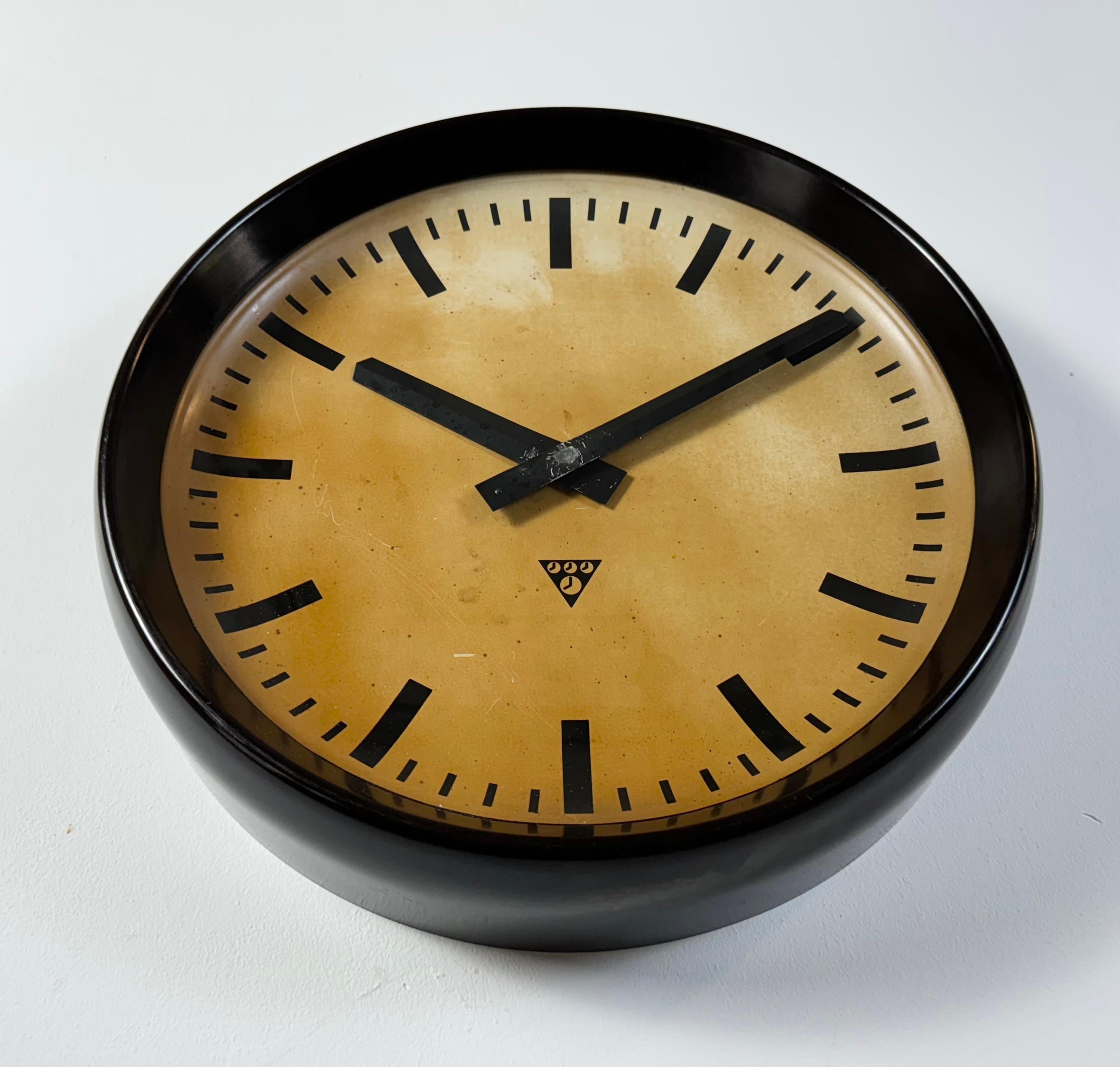 Metal Large Industrial Bakelite Factory Wall Clock from Pragotron, 1950s For Sale