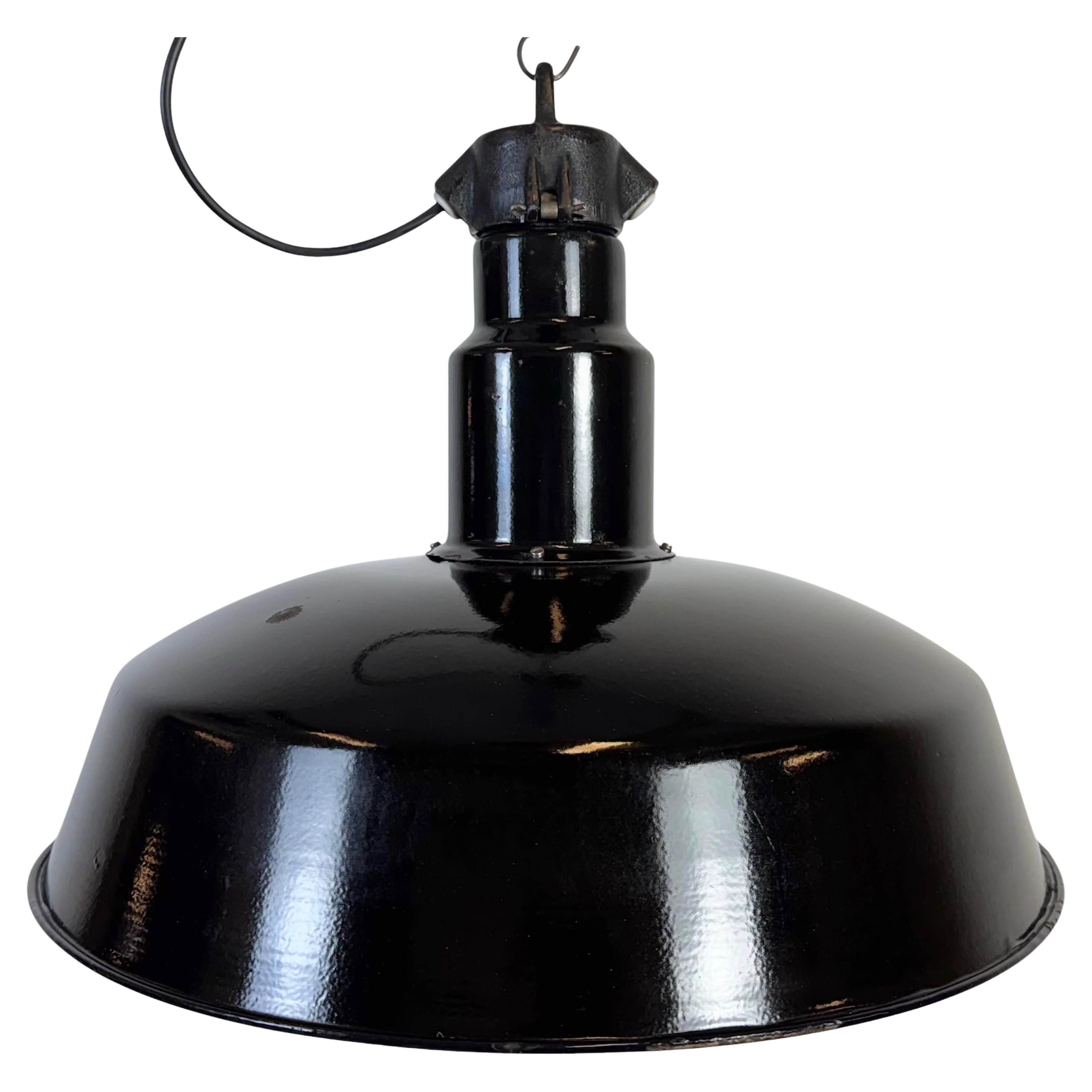 Large Industrial Black Enamel Factory Lamp with Cast Iron Top, 1950s