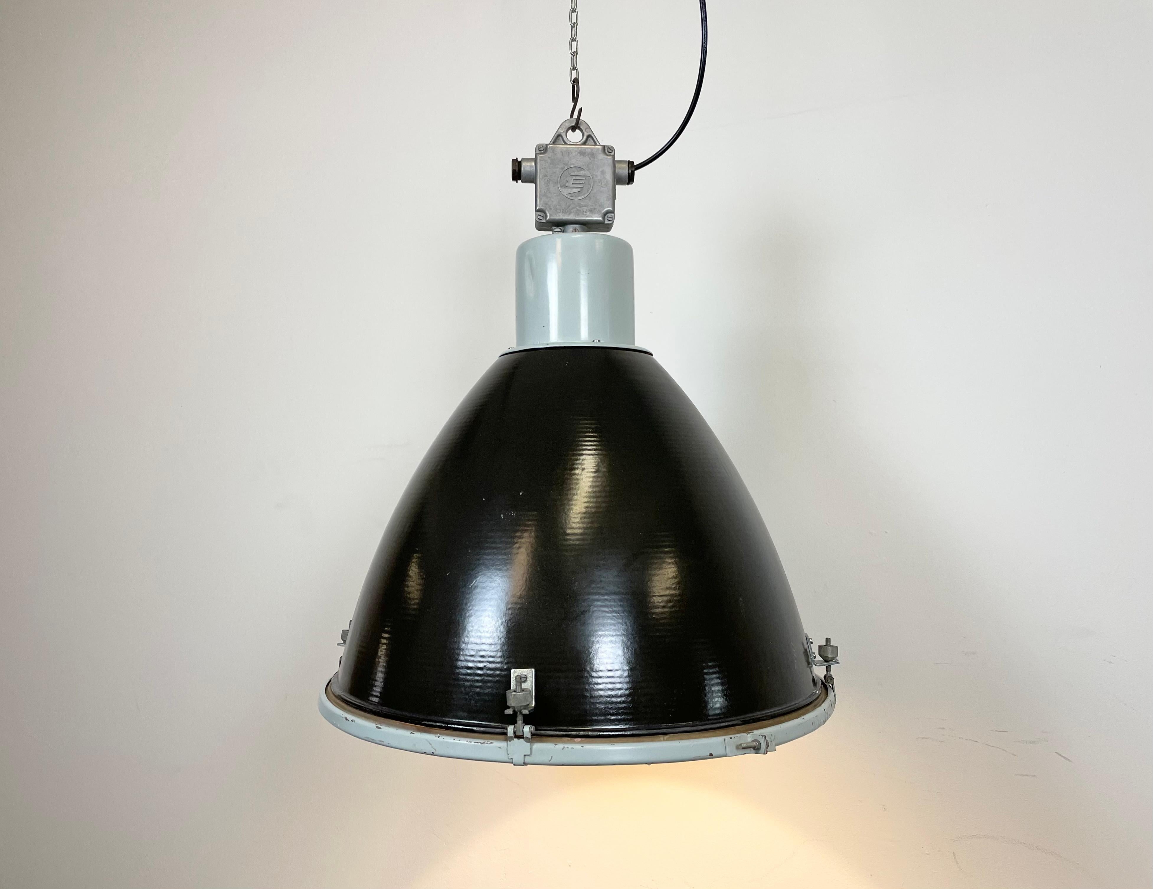 Large Industrial Black Enamel Factory Lamp with Glass Cover, 1960s For Sale 5