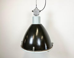 Large Industrial Black Enamel Factory Lamp with Glass Cover, 1960s