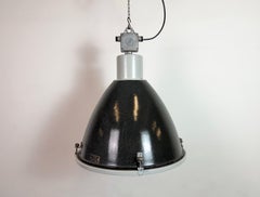 Large Industrial Enamel Factory Pendant Lamp with Glass Cover, 1960s