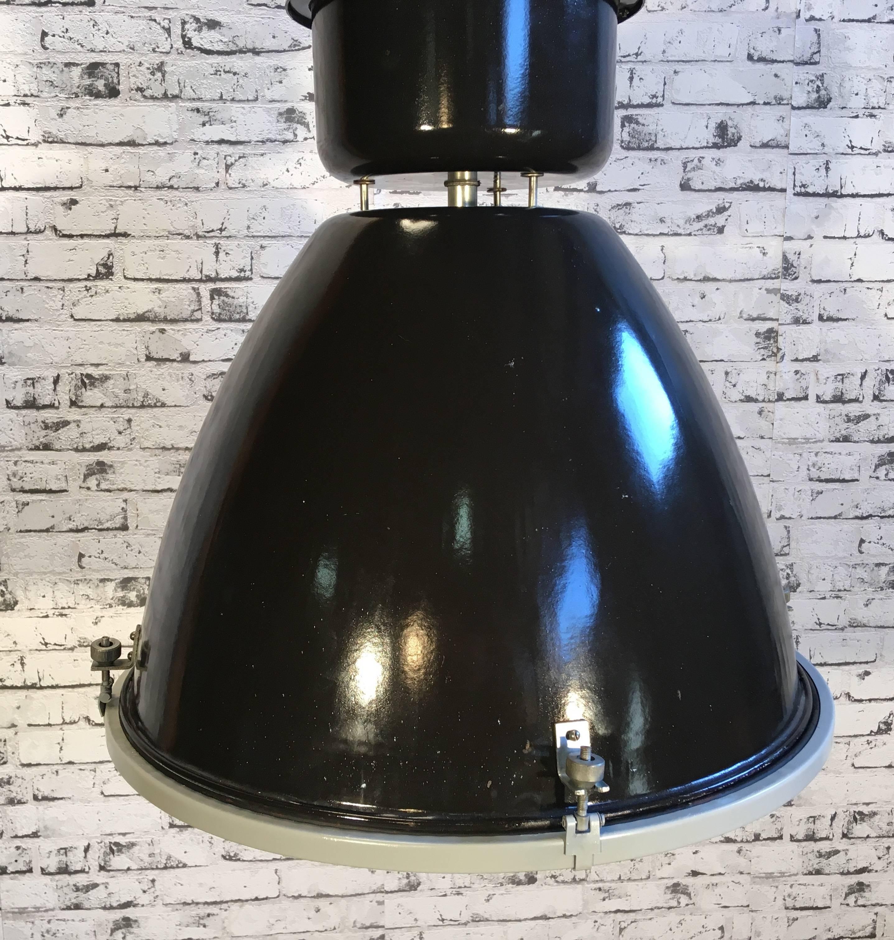 Czech Large Industrial Black Enamel Factory Lamp with Glass Cover, 1960s