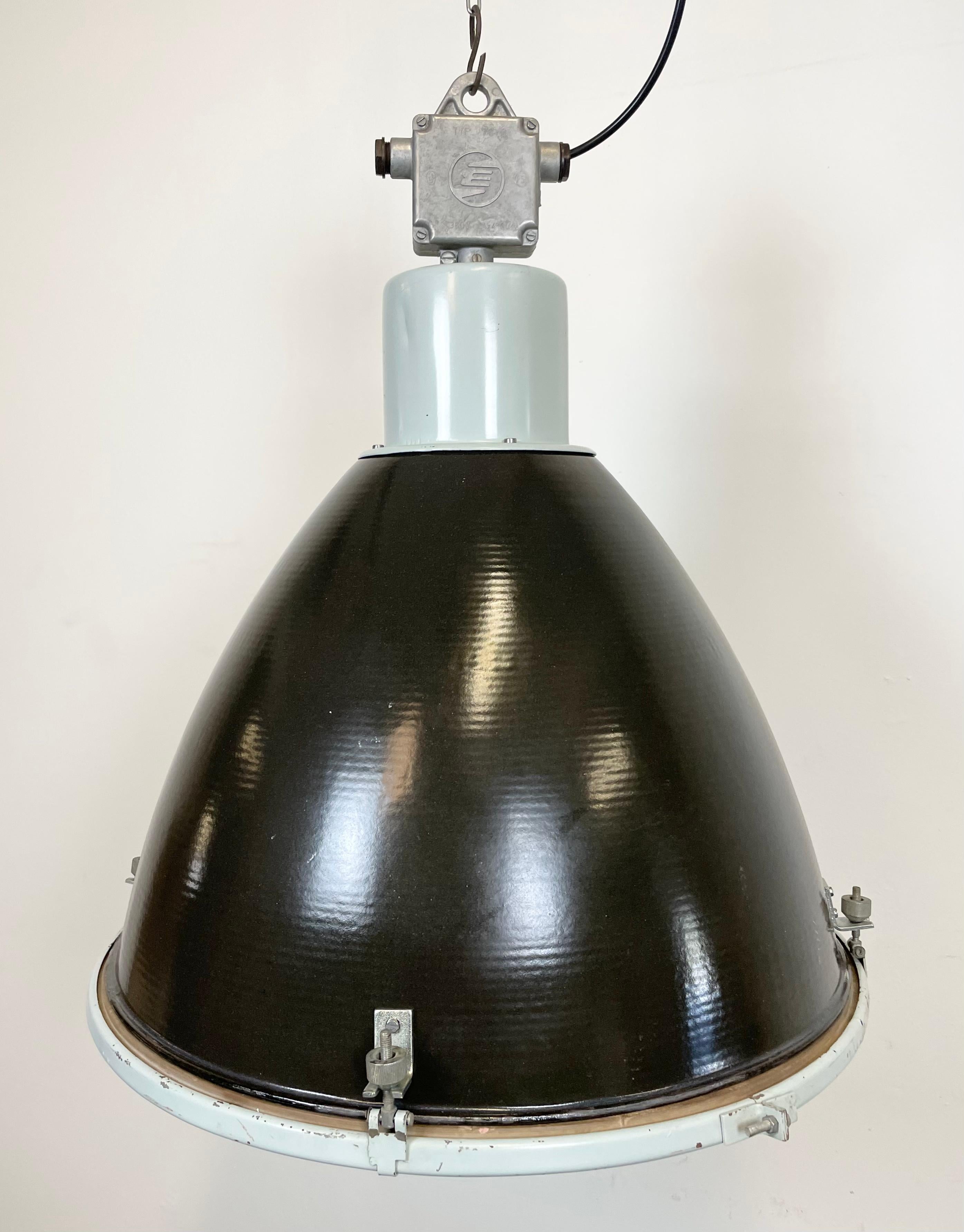 Czech Large Industrial Black Enamel Factory Lamp with Glass Cover, 1960s For Sale