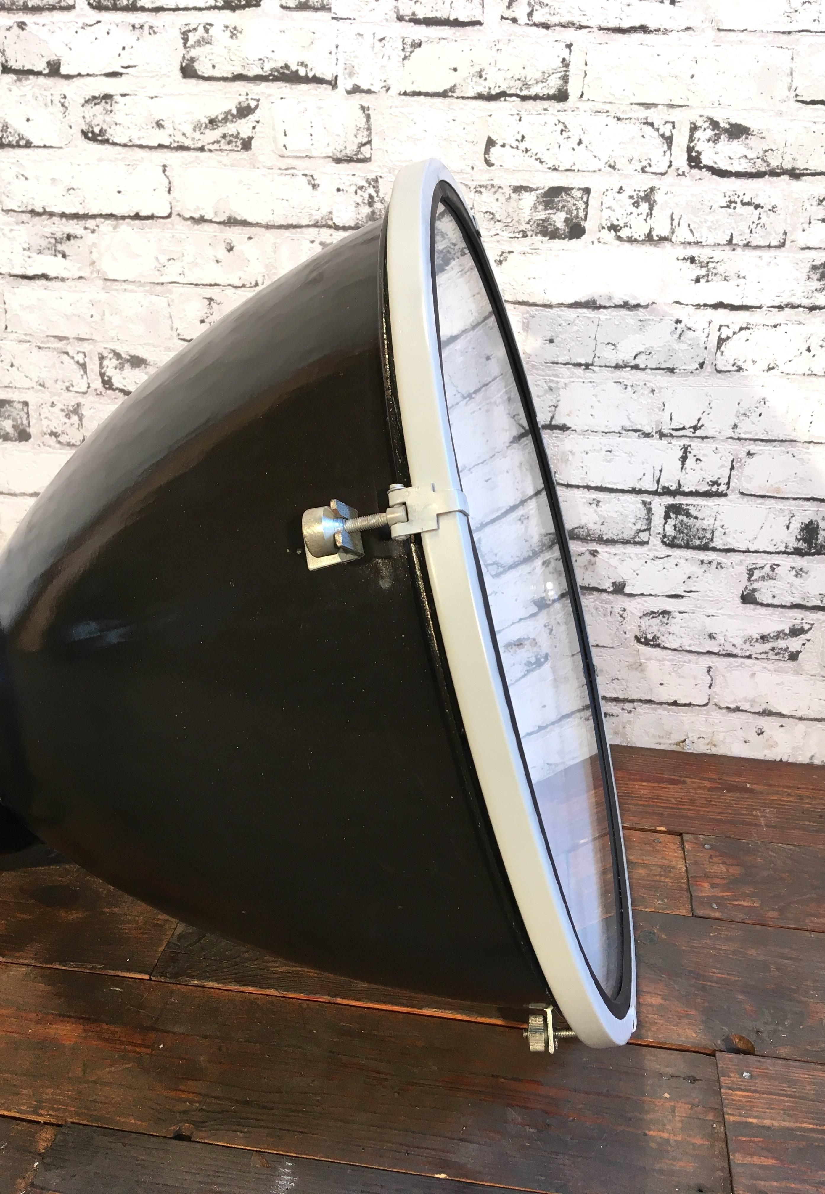 Enameled Large Industrial Black Enamel Factory Lamp with Glass Cover, 1960s