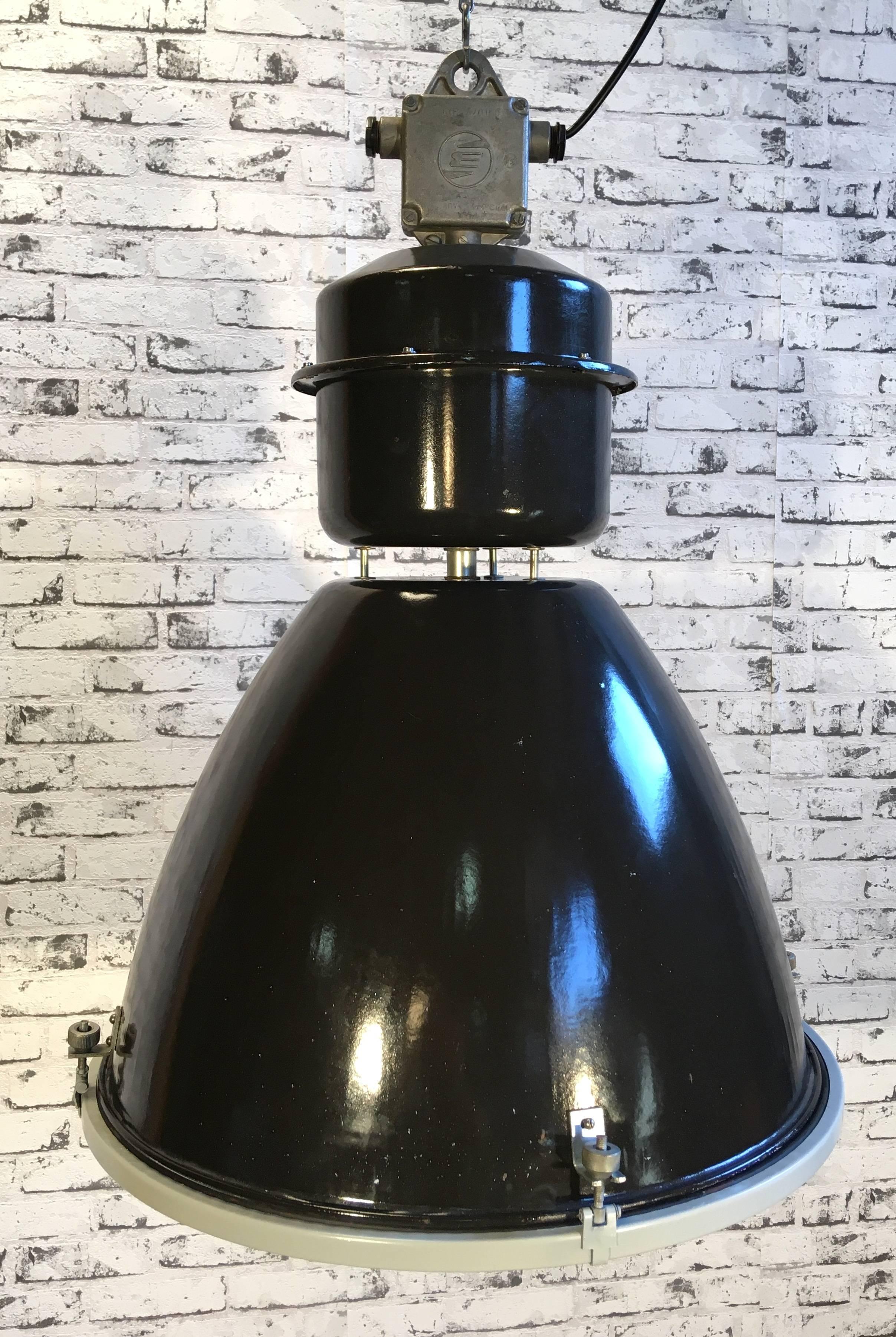 Large Industrial Black Enamel Factory Lamp with Glass Cover, 1960s In Good Condition In Kojetice, CZ