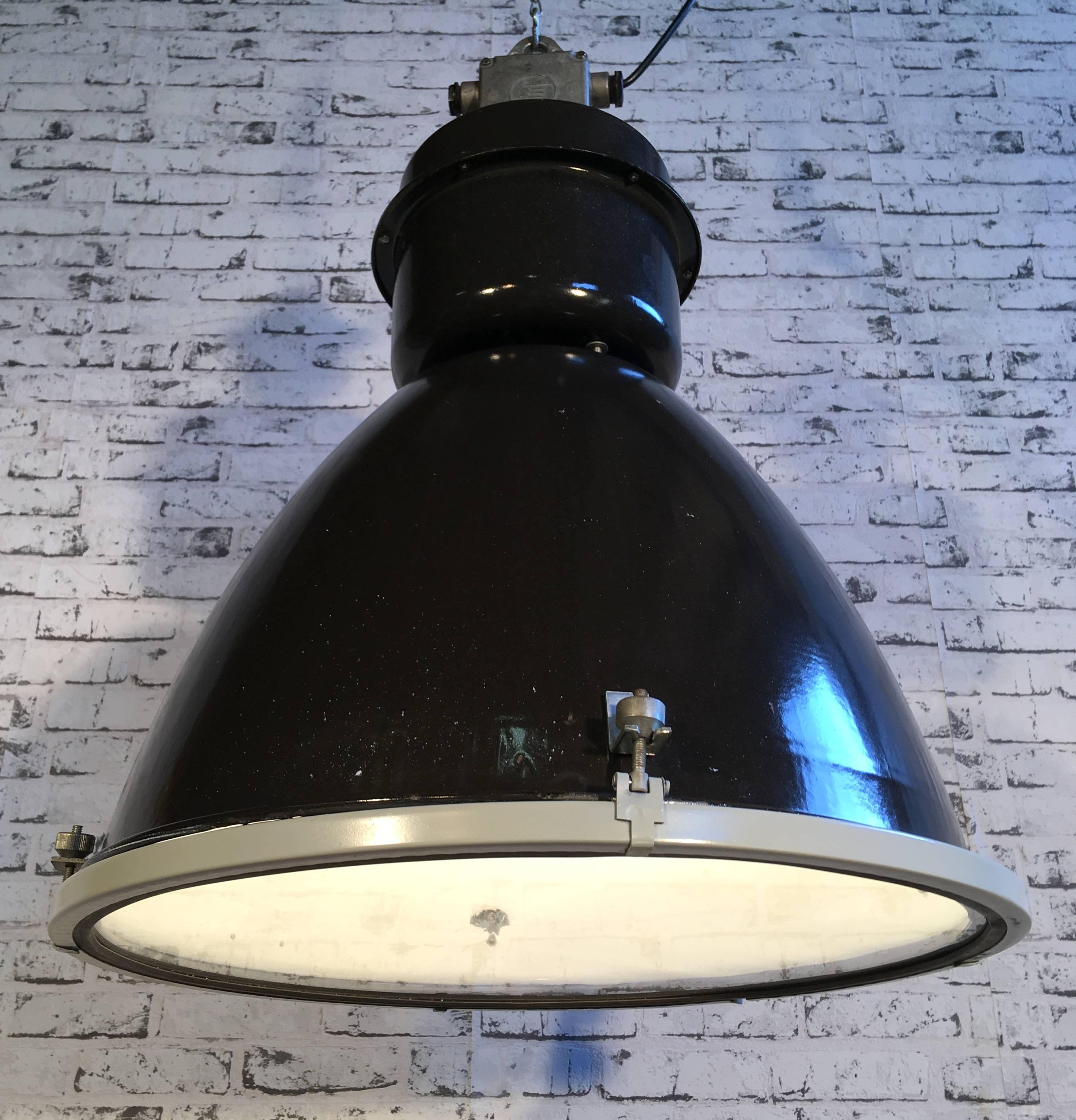 Metal Large Industrial Black Enamel Factory Lamp with Glass Cover, 1960s
