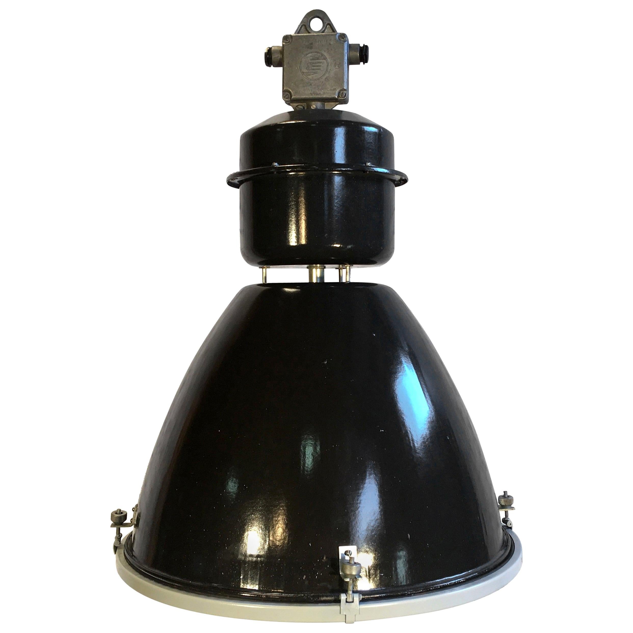 Large Industrial Black Enamel Factory Lamp with Glass Cover, 1960s