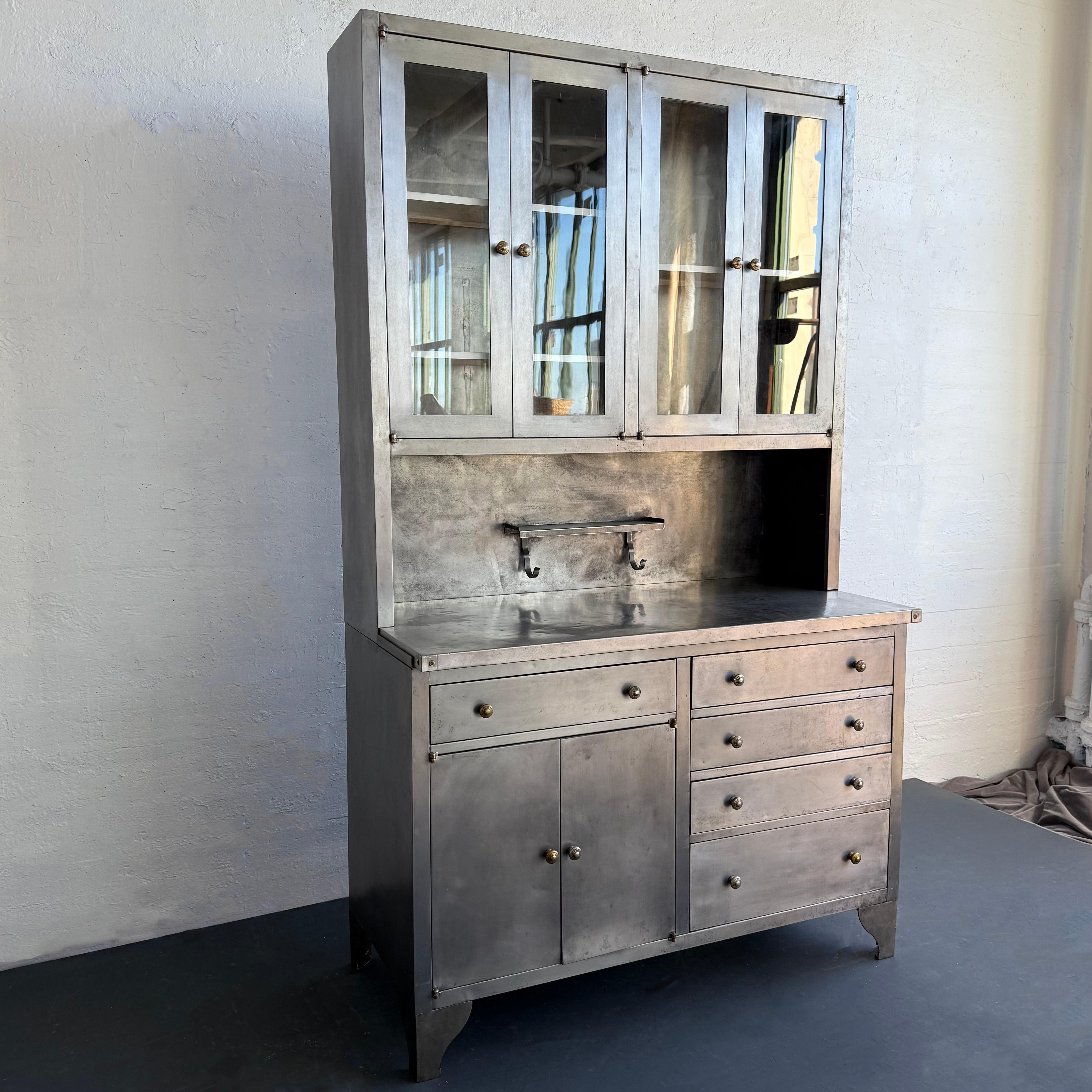 American Large Industrial Brushed Steel Apothecary Hoosier Cabinet
