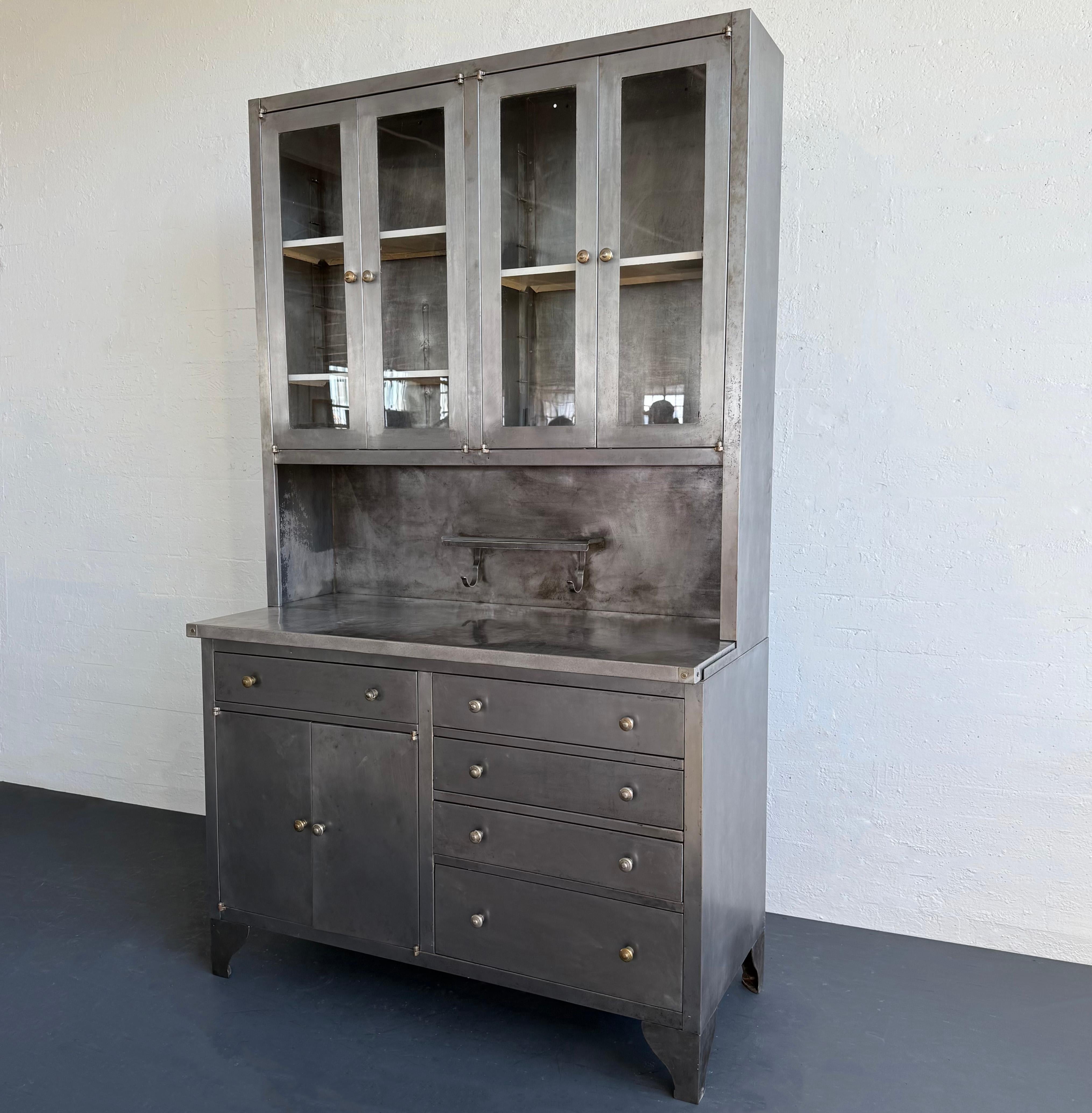 Large Industrial Brushed Steel Apothecary Hoosier Cabinet In Good Condition In Brooklyn, NY