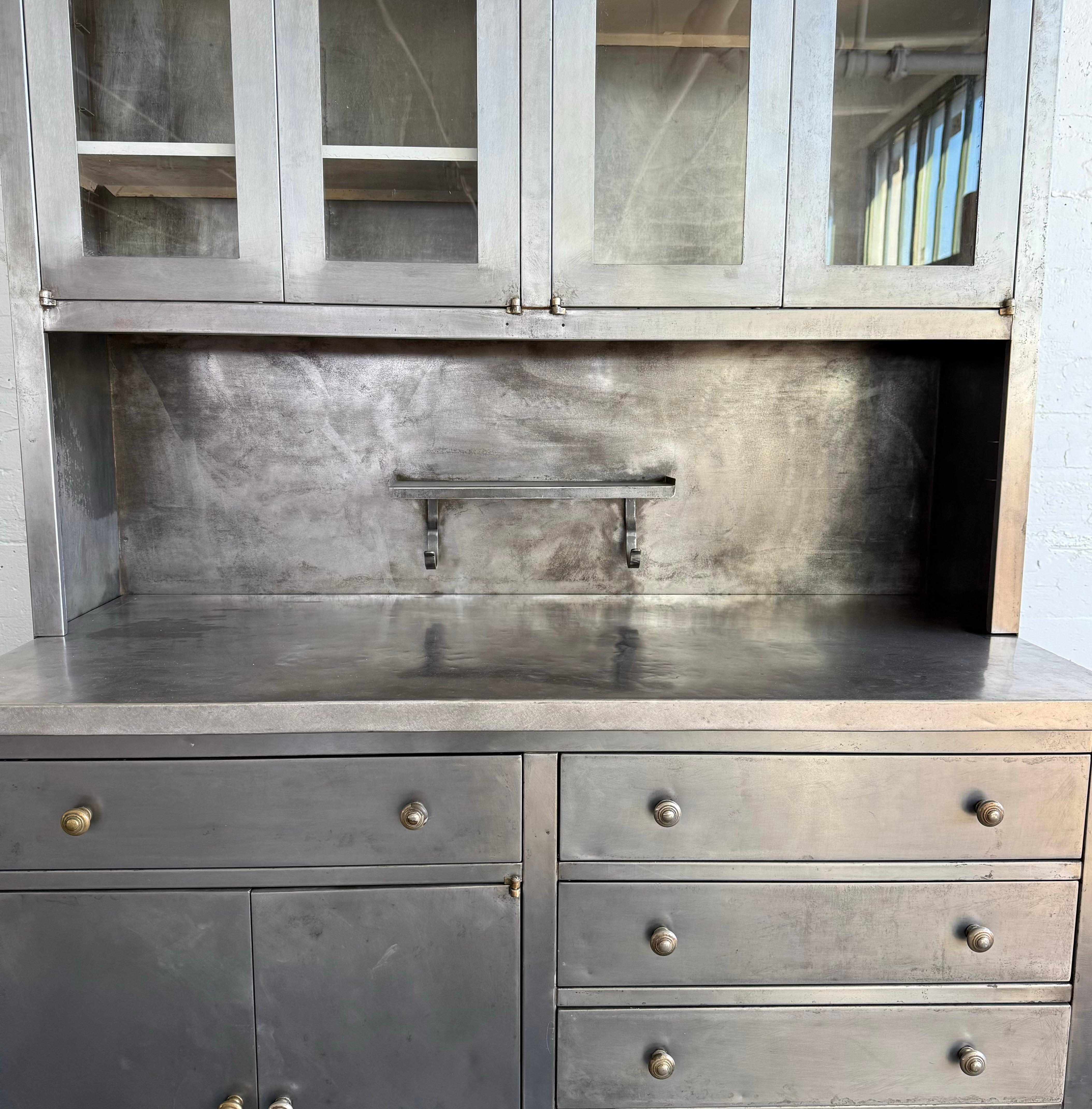 20th Century Large Industrial Brushed Steel Apothecary Hoosier Cabinet