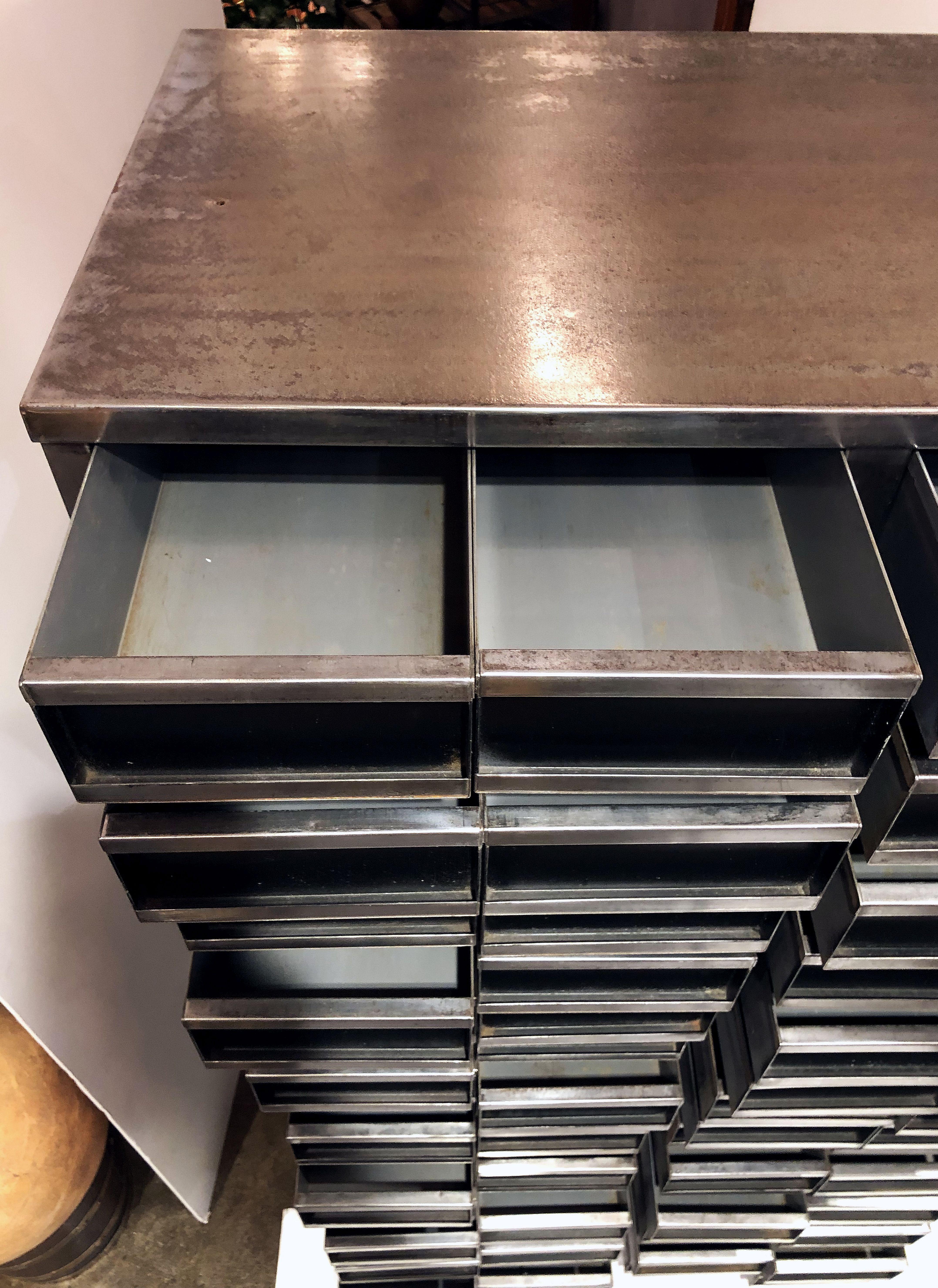 Industrial Burnished Steel Cabinet of Drawers from England For Sale 1