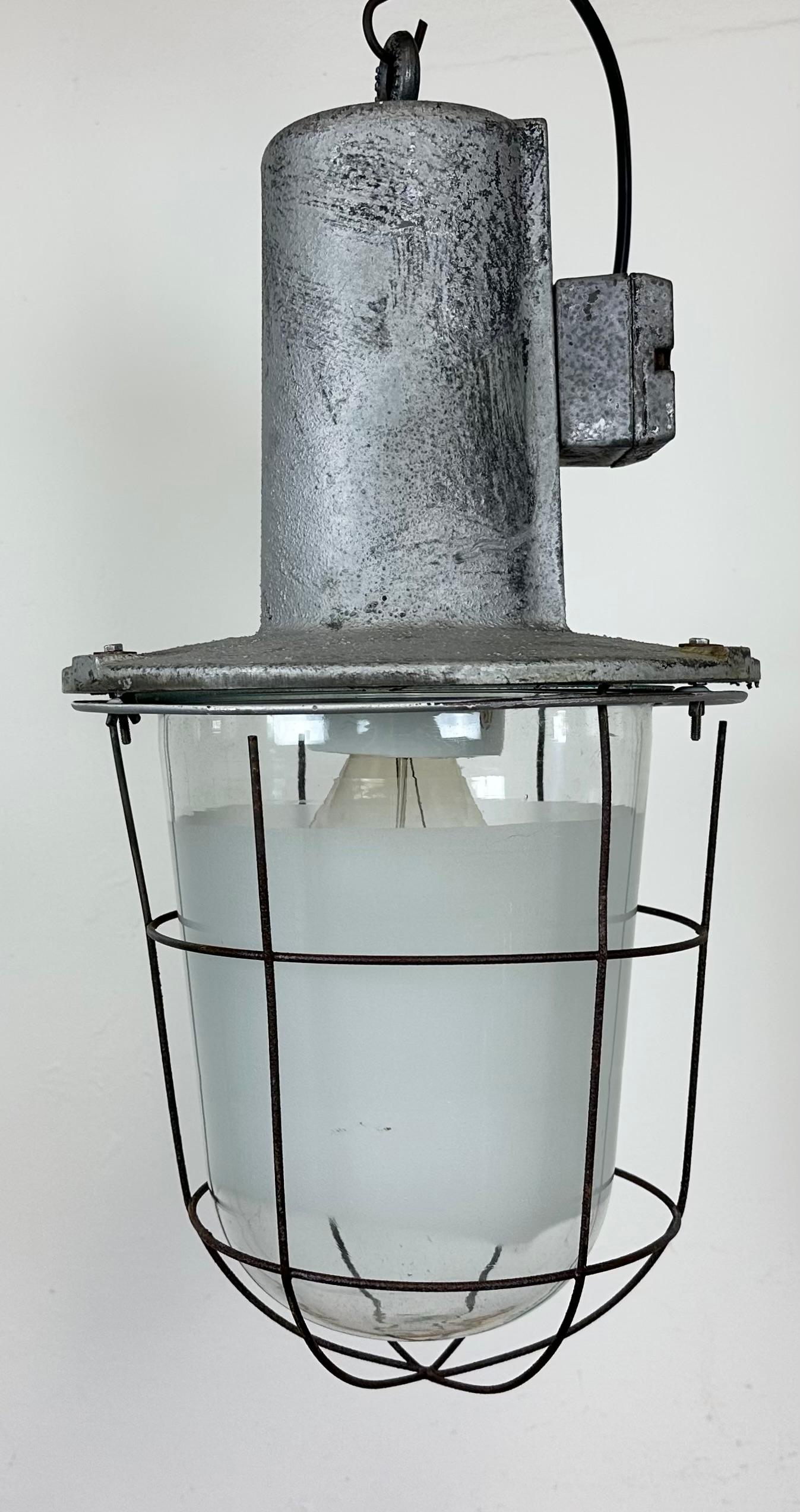 Czech Large Industrial Cast Aluminium Cage Pendant Light , 1960s For Sale