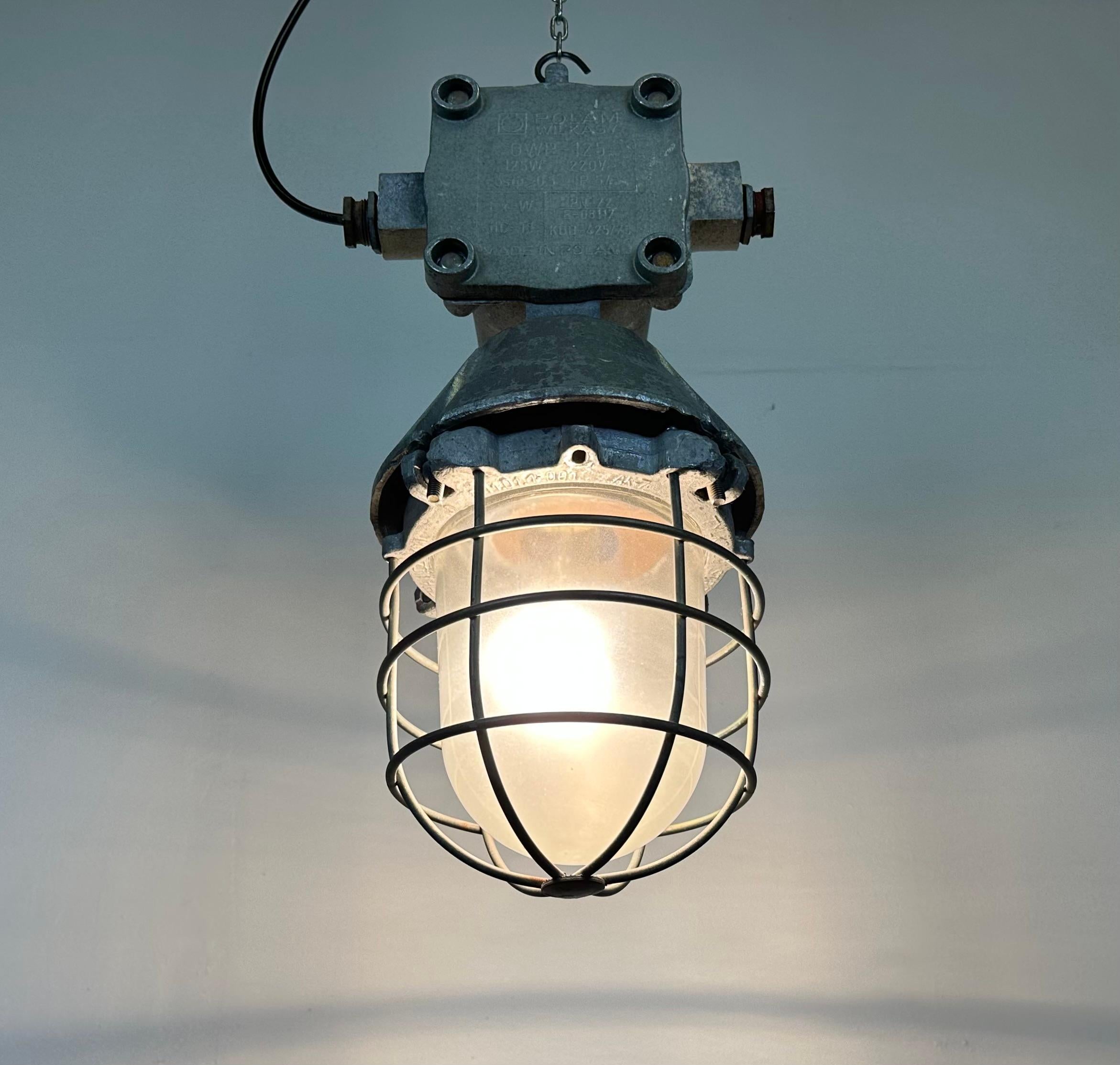 Large Industrial Cast Aluminium Cage Pendant Light from Polam Wilkasy, 1960s For Sale 4