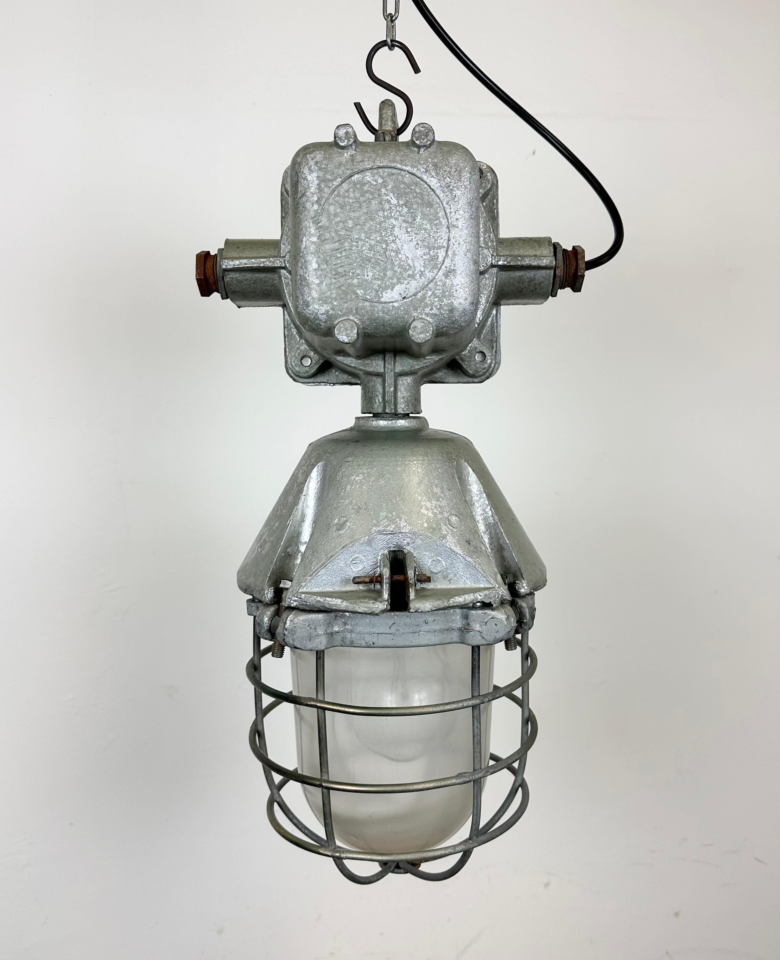 Large Industrial Cast Aluminium Cage Pendant Light from Polam Wilkasy, 1960s For Sale 5
