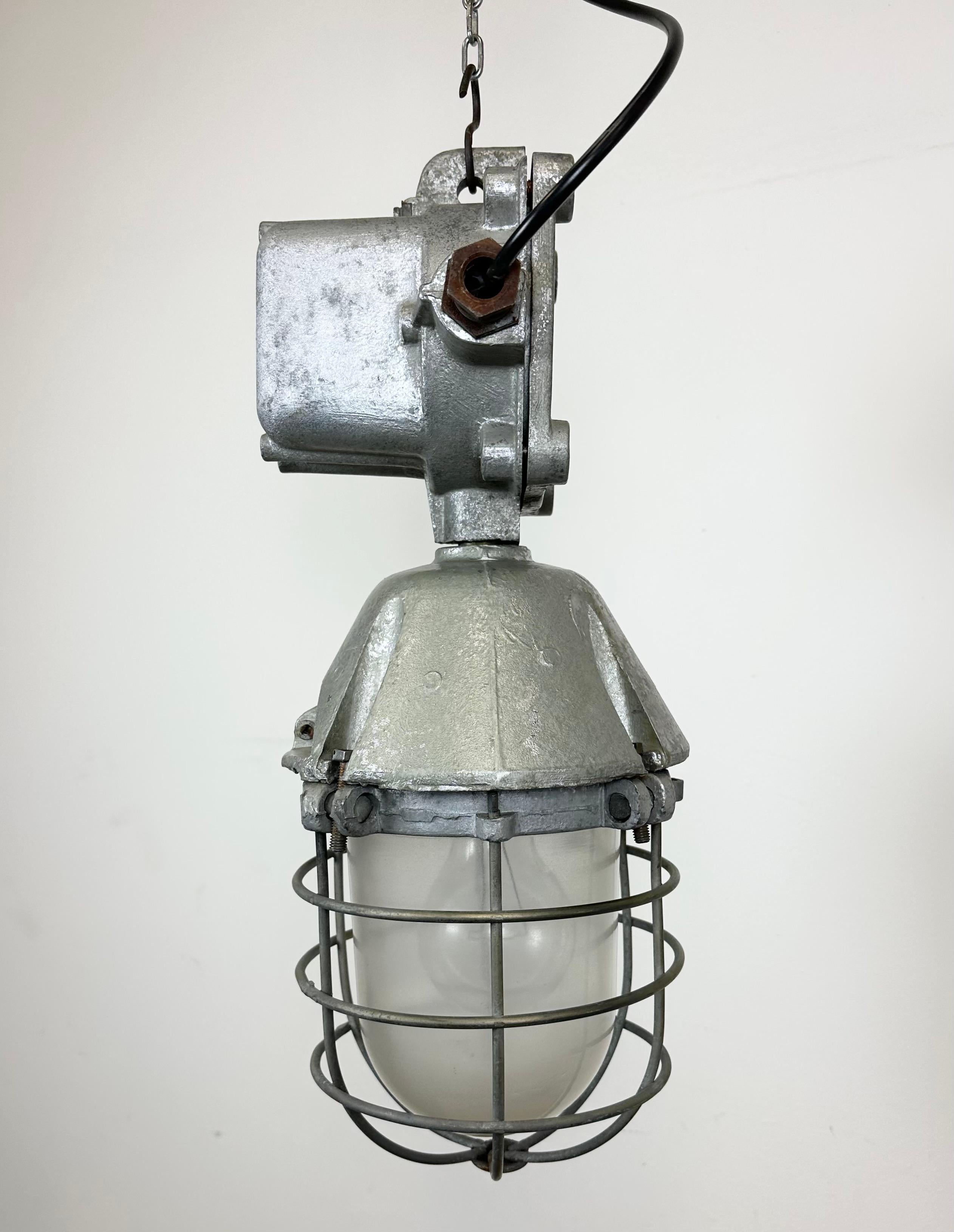 Large Industrial Cast Aluminium Cage Pendant Light from Polam Wilkasy, 1960s For Sale 7