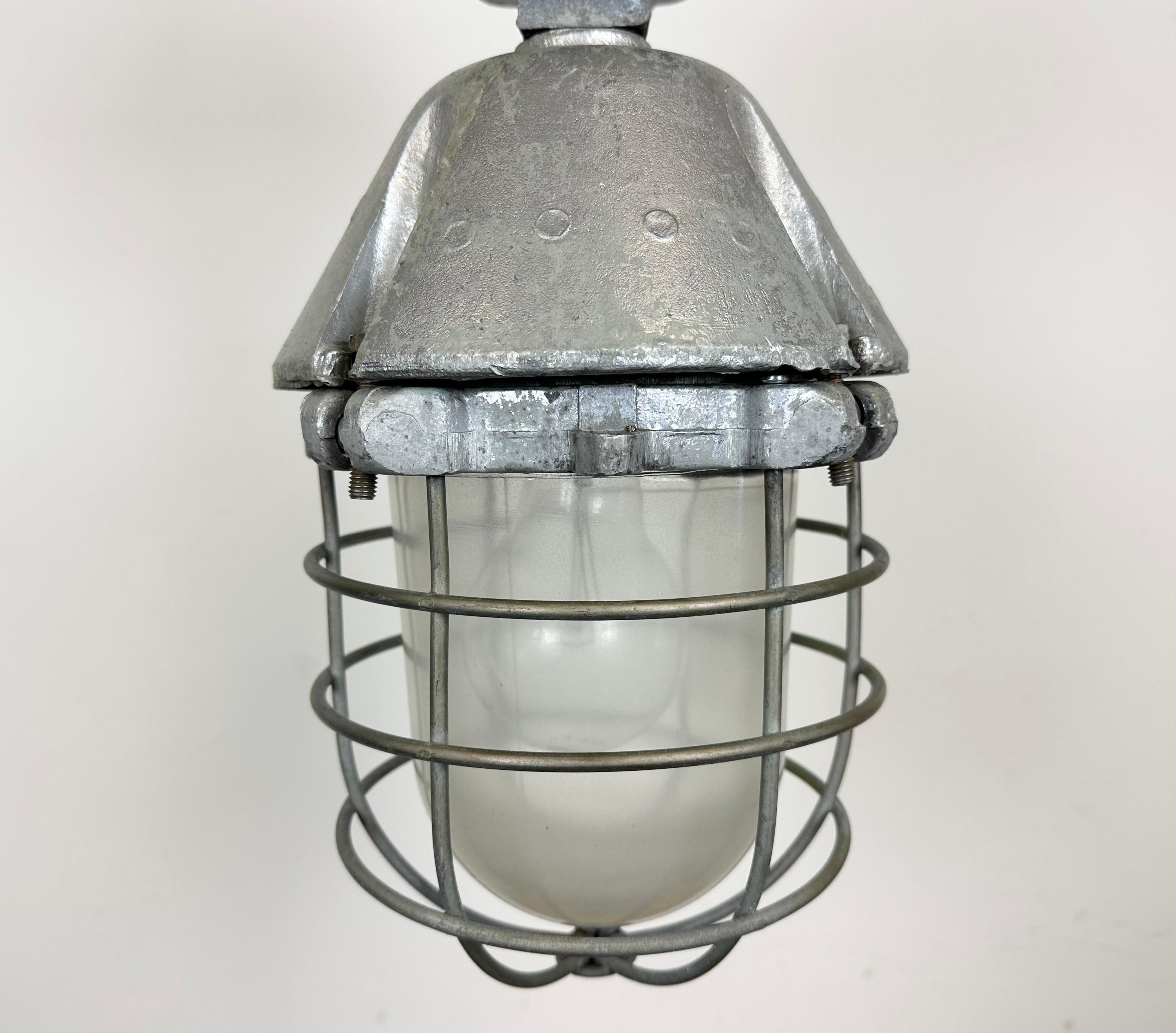 20th Century Large Industrial Cast Aluminium Cage Pendant Light from Polam Wilkasy, 1960s For Sale