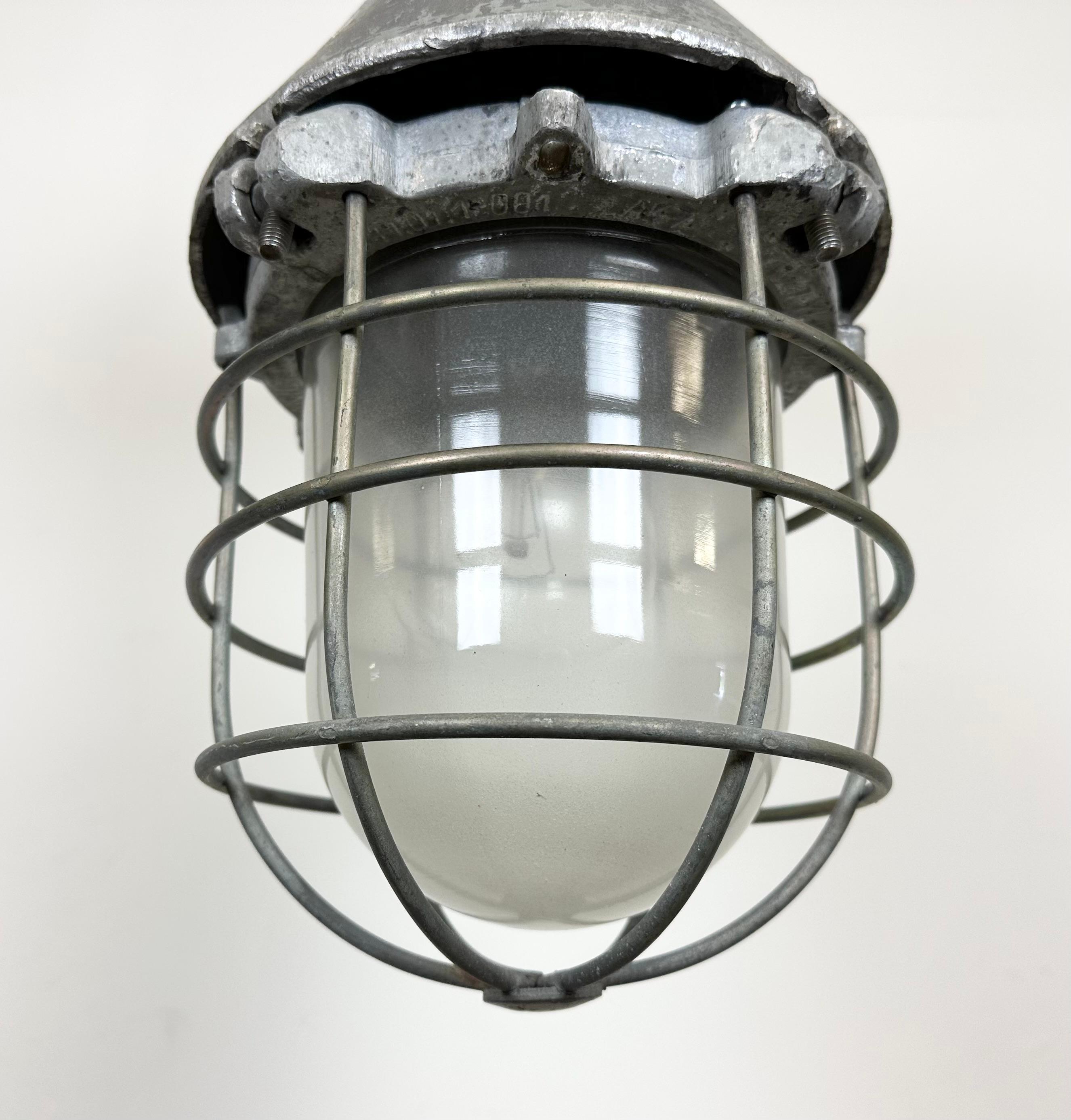 Aluminum Large Industrial Cast Aluminium Cage Pendant Light from Polam Wilkasy, 1960s For Sale