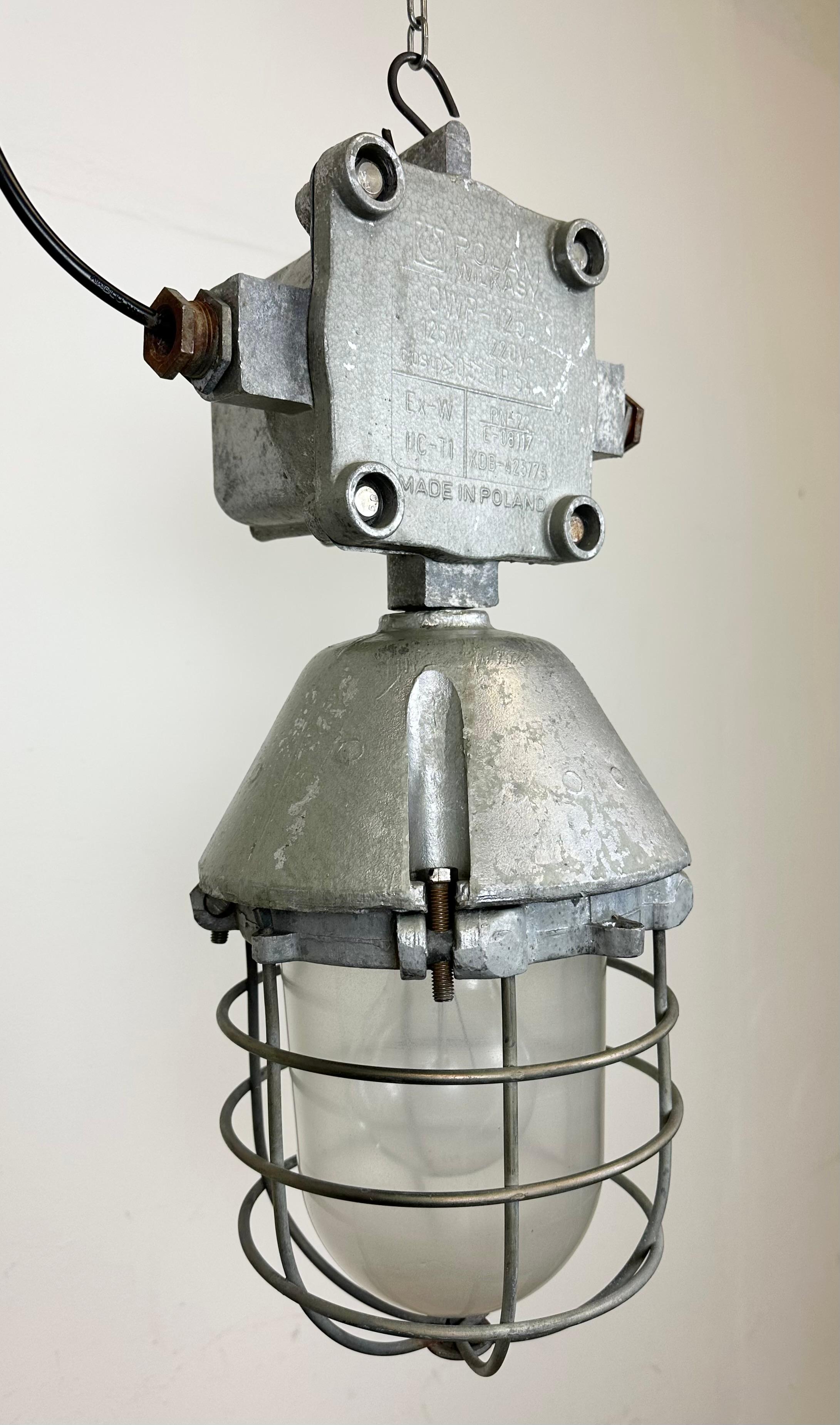 Large Industrial Cast Aluminium Cage Pendant Light from Polam Wilkasy, 1960s For Sale 1