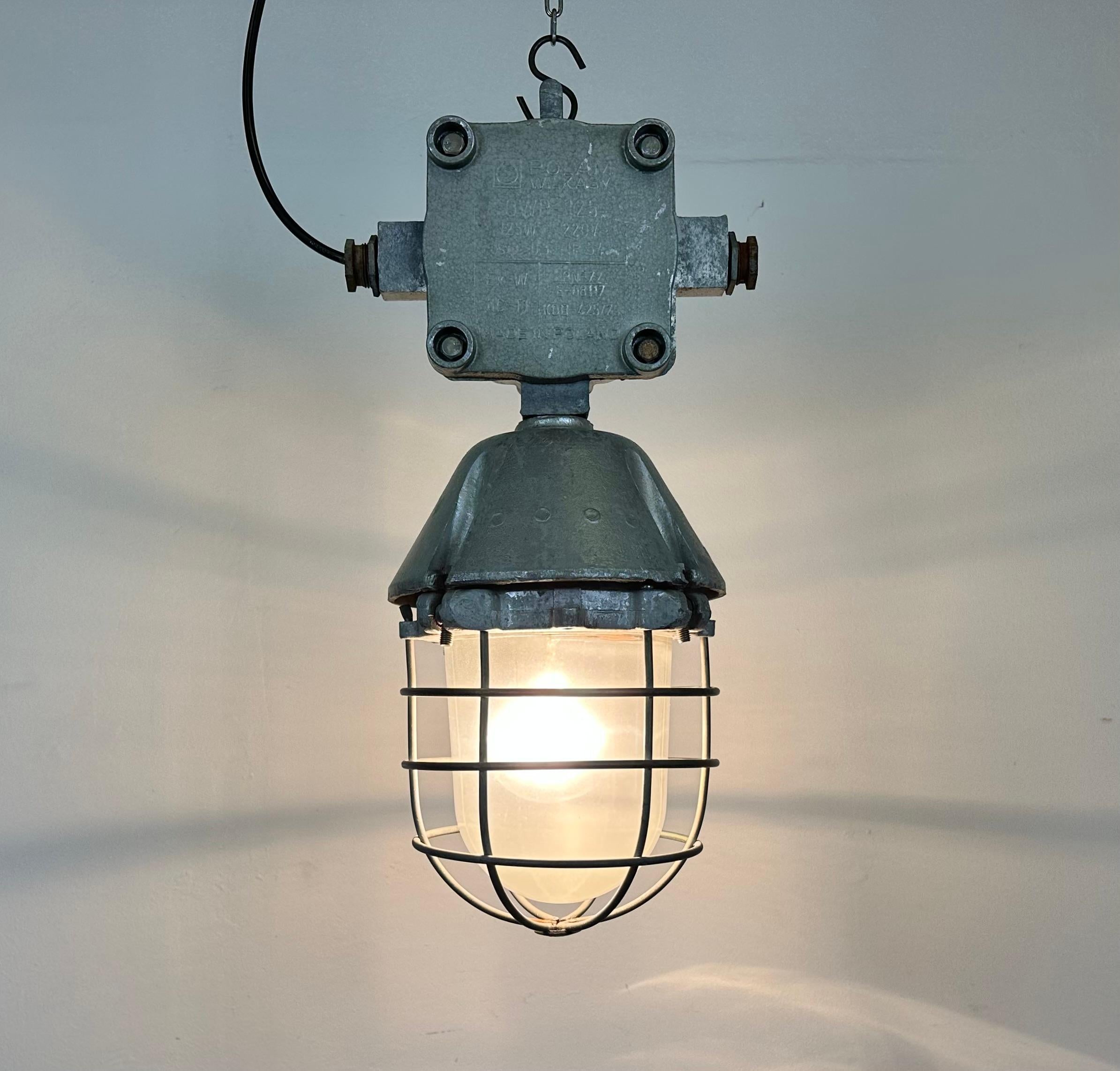 Large Industrial Cast Aluminium Cage Pendant Light from Polam Wilkasy, 1960s For Sale 3