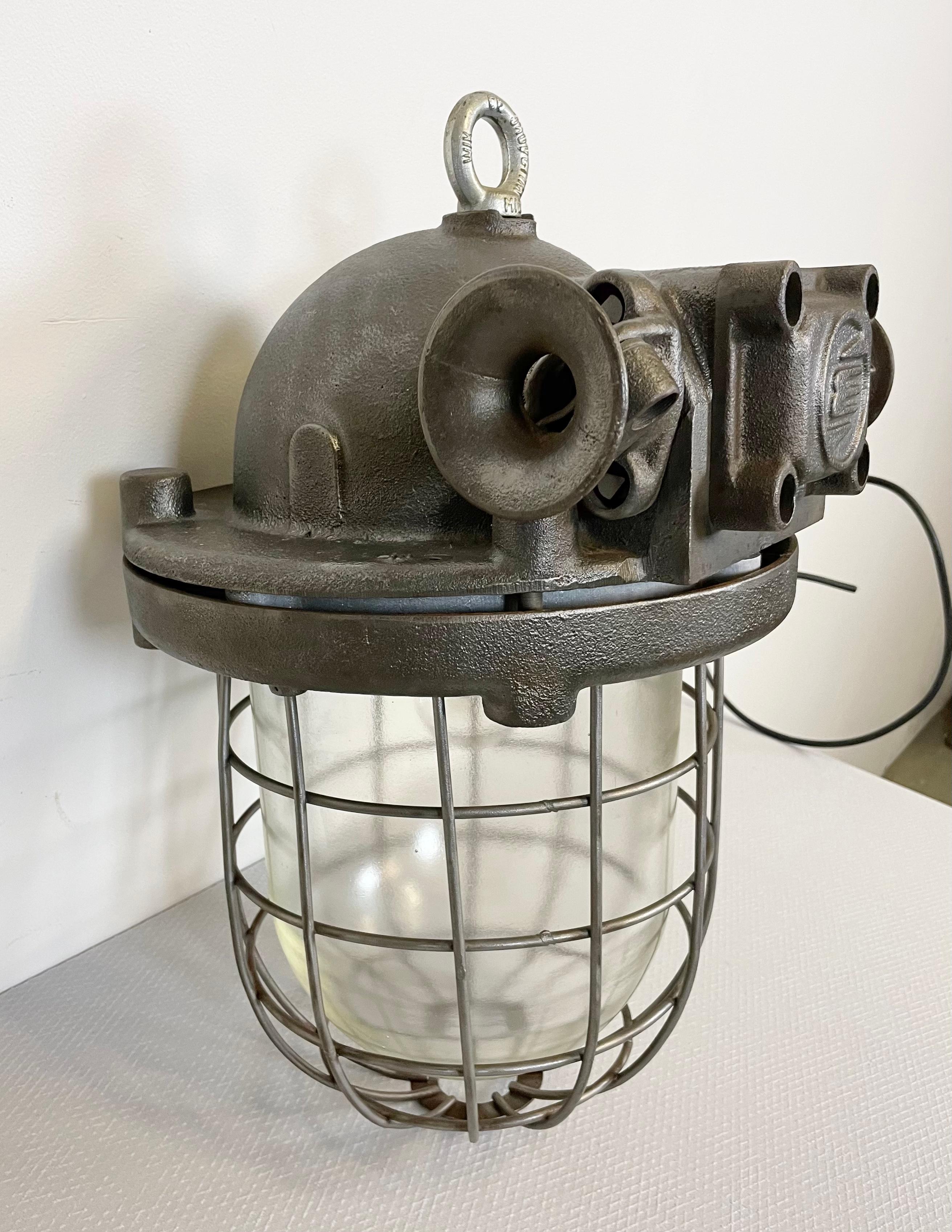 Large Industrial Cast Iron Cage Pendant Light, 1960s In Good Condition In Kojetice, CZ