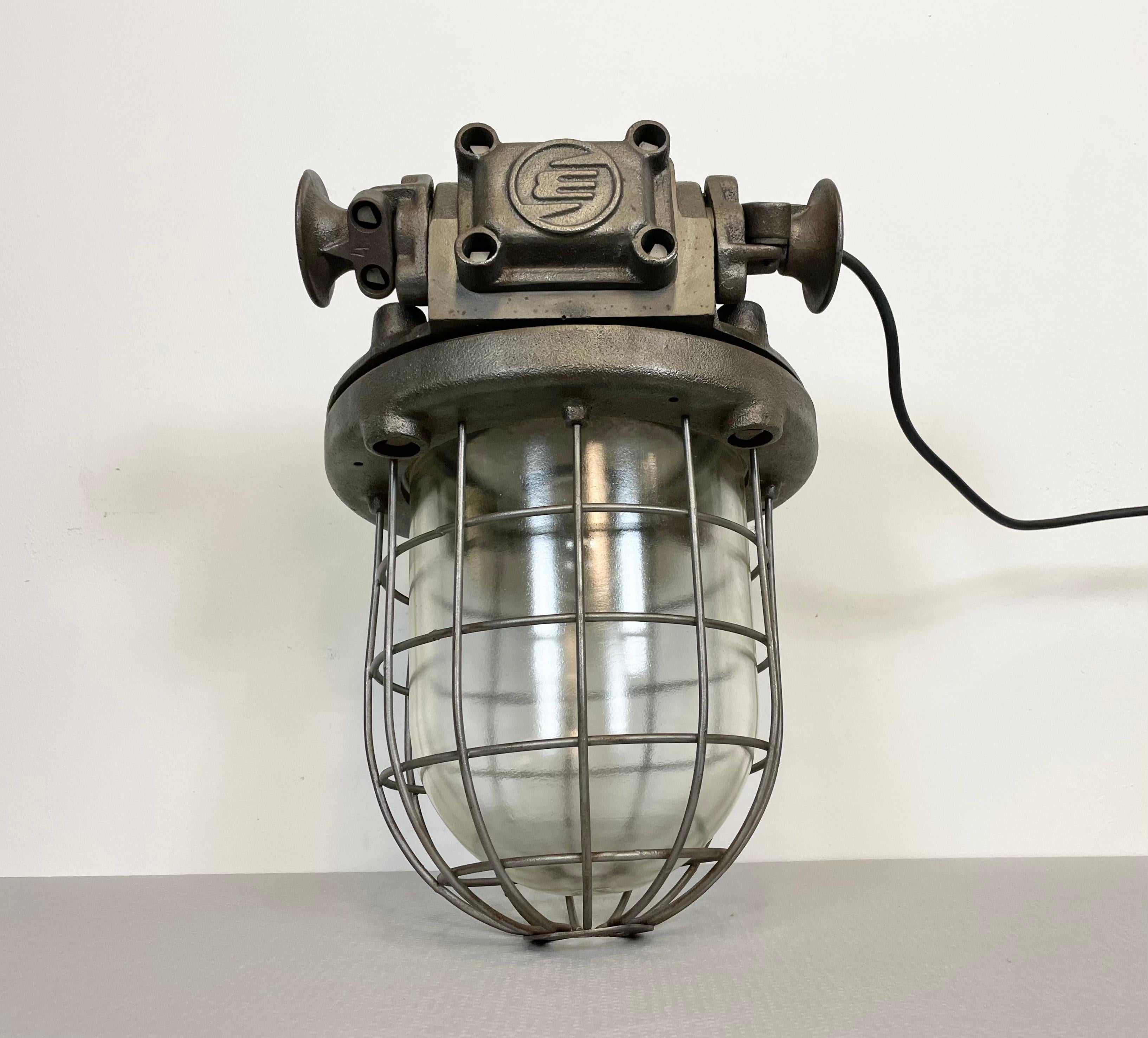 Glass Large Industrial Cast Iron Cage Pendant Light, 1960s