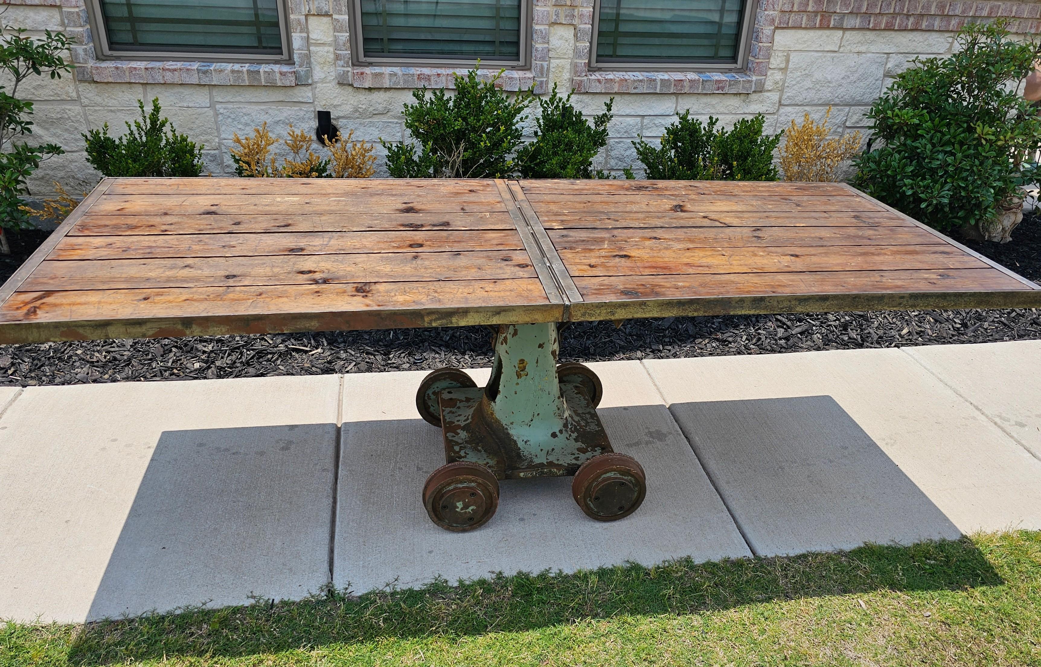 Large Industrial Cast Iron Factory Trolley Work Cart Pine Plank Table or Island For Sale 4
