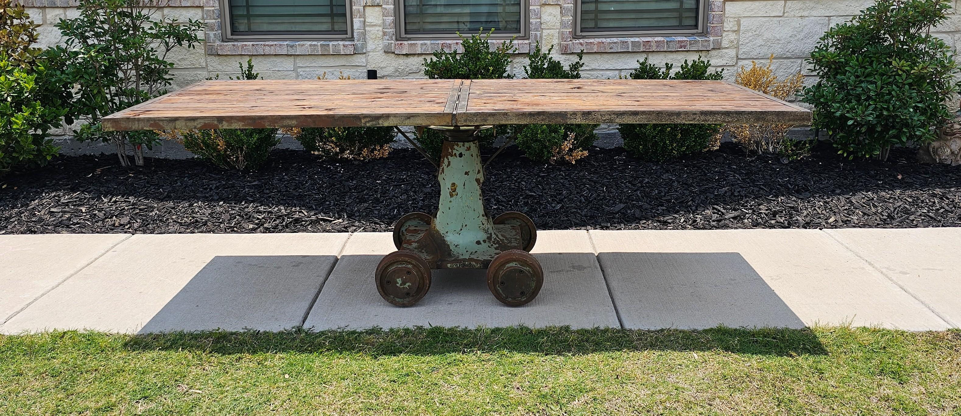 Large Industrial Cast Iron Factory Trolley Work Cart Pine Plank Table or Island For Sale 5