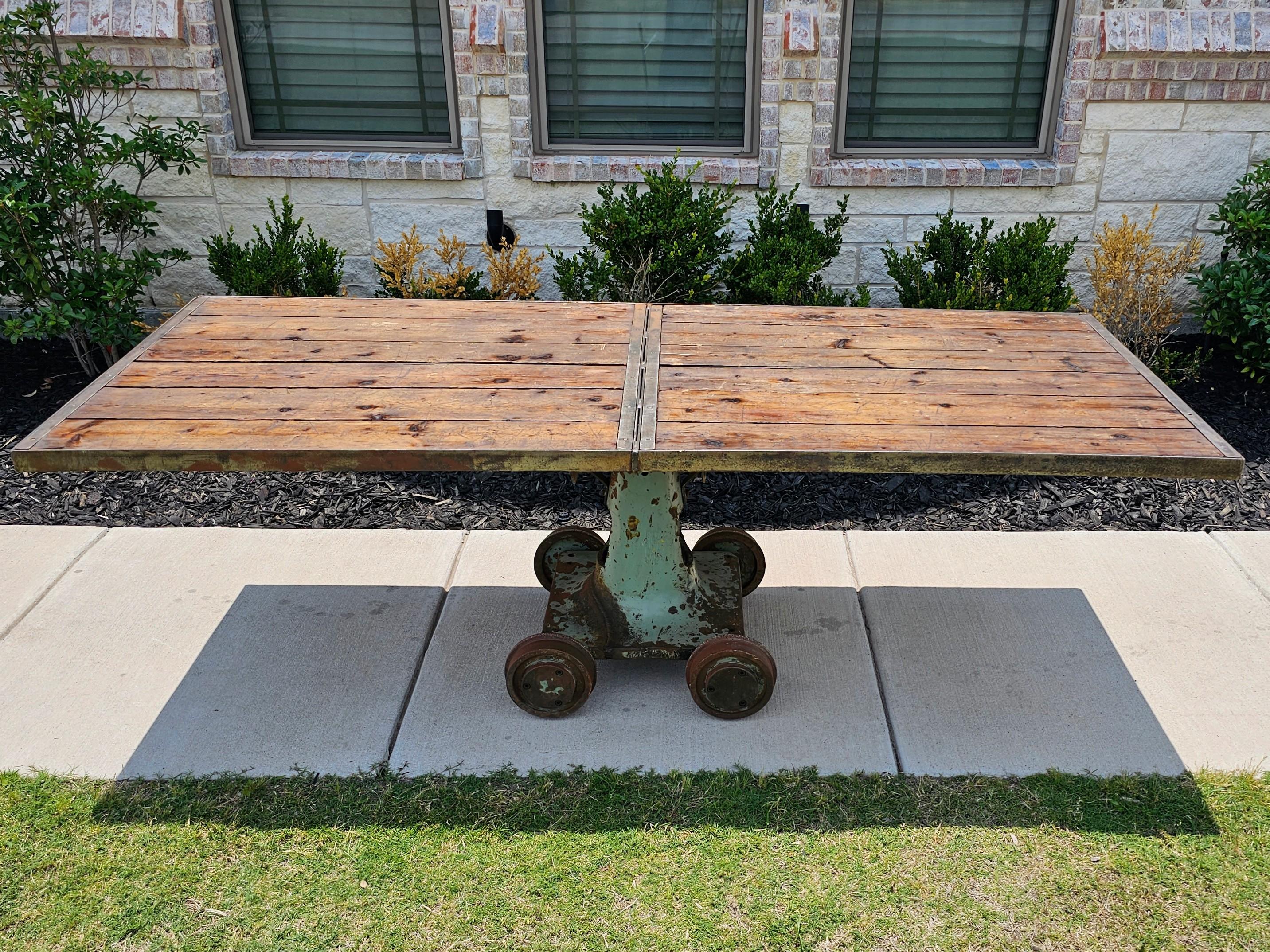 Large Industrial Cast Iron Factory Trolley Work Cart Pine Plank Table or Island For Sale 6