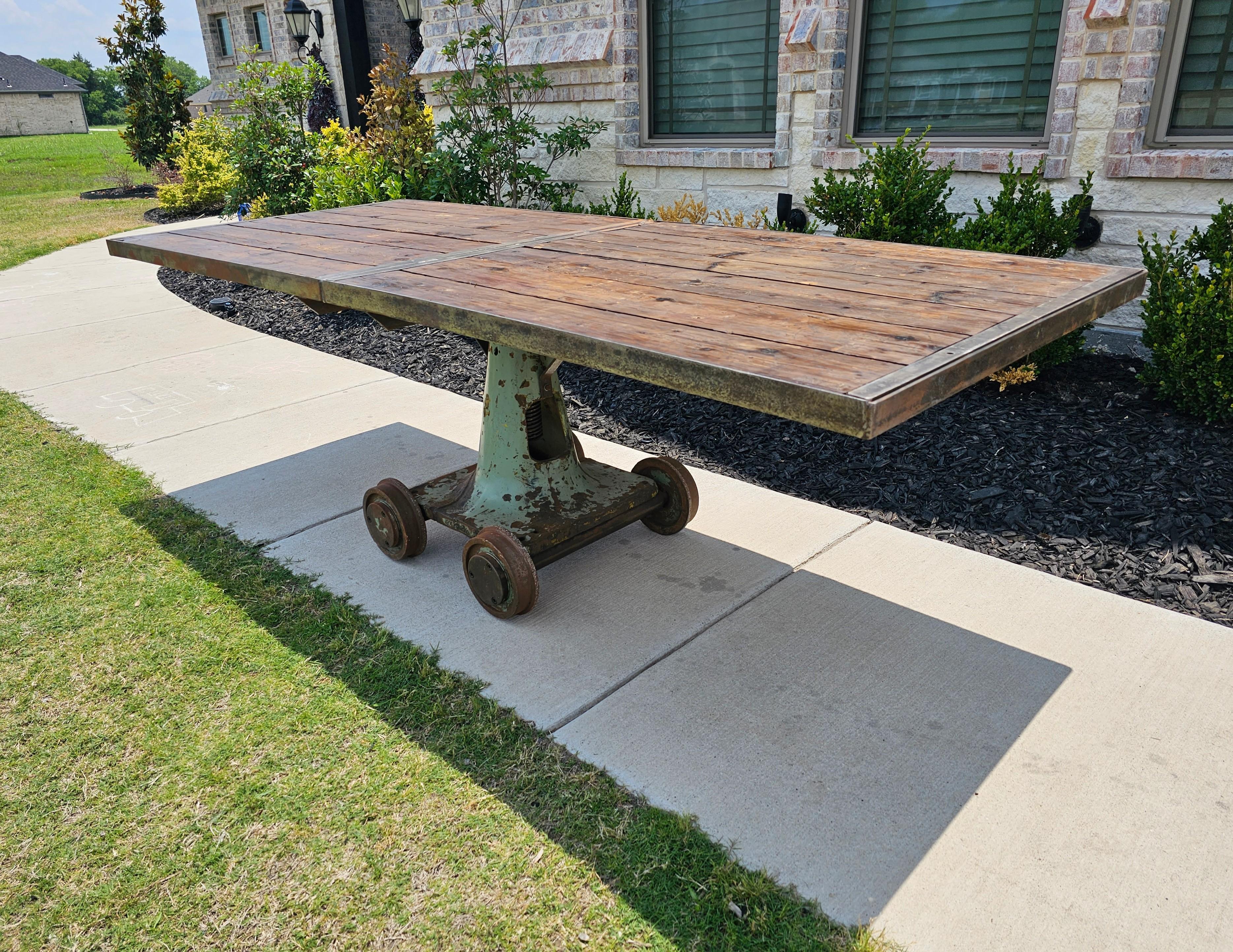 Large Industrial Cast Iron Factory Trolley Work Cart Pine Plank Table or Island For Sale 7