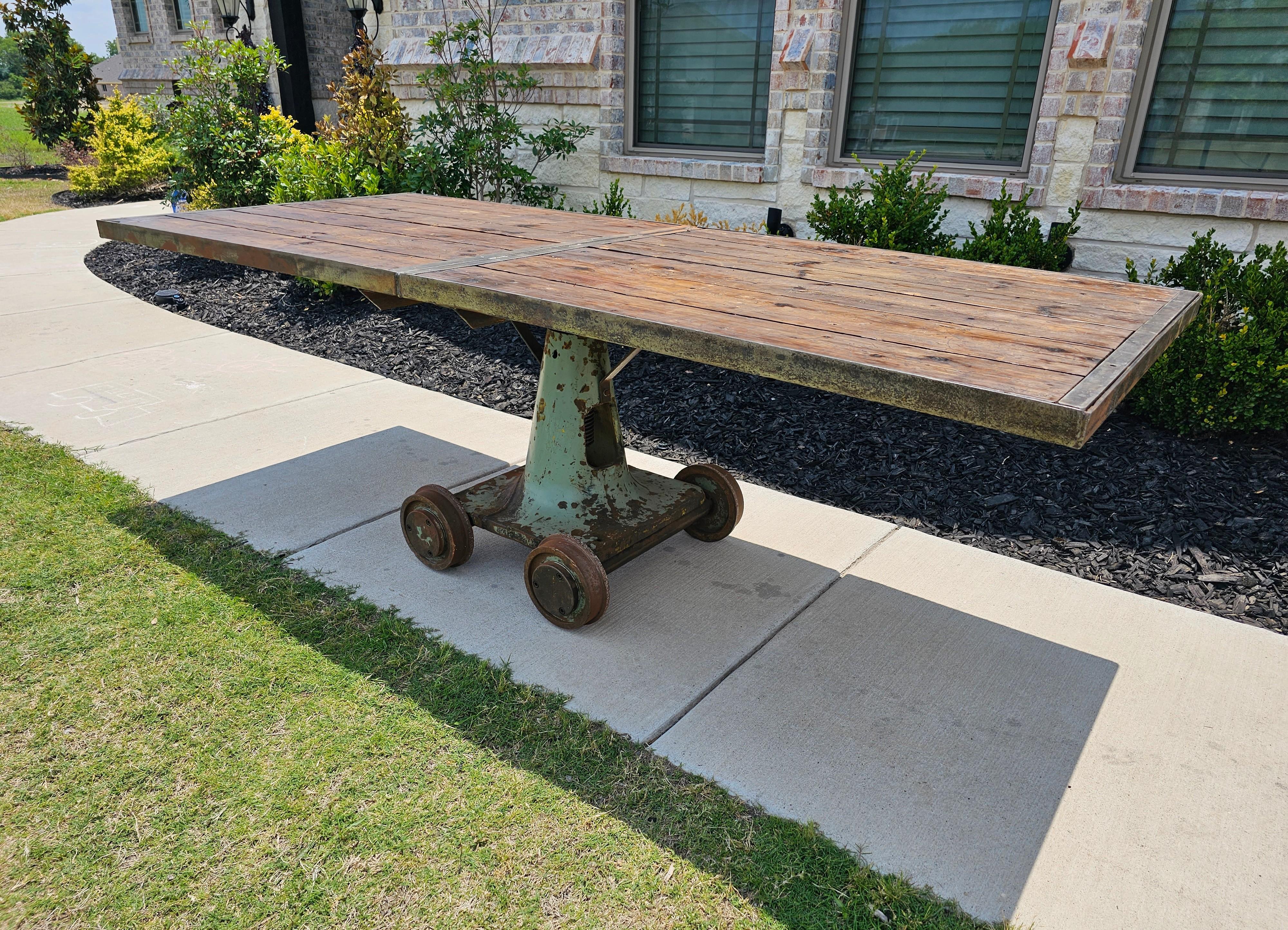 Large Industrial Cast Iron Factory Trolley Work Cart Pine Plank Table or Island For Sale 8