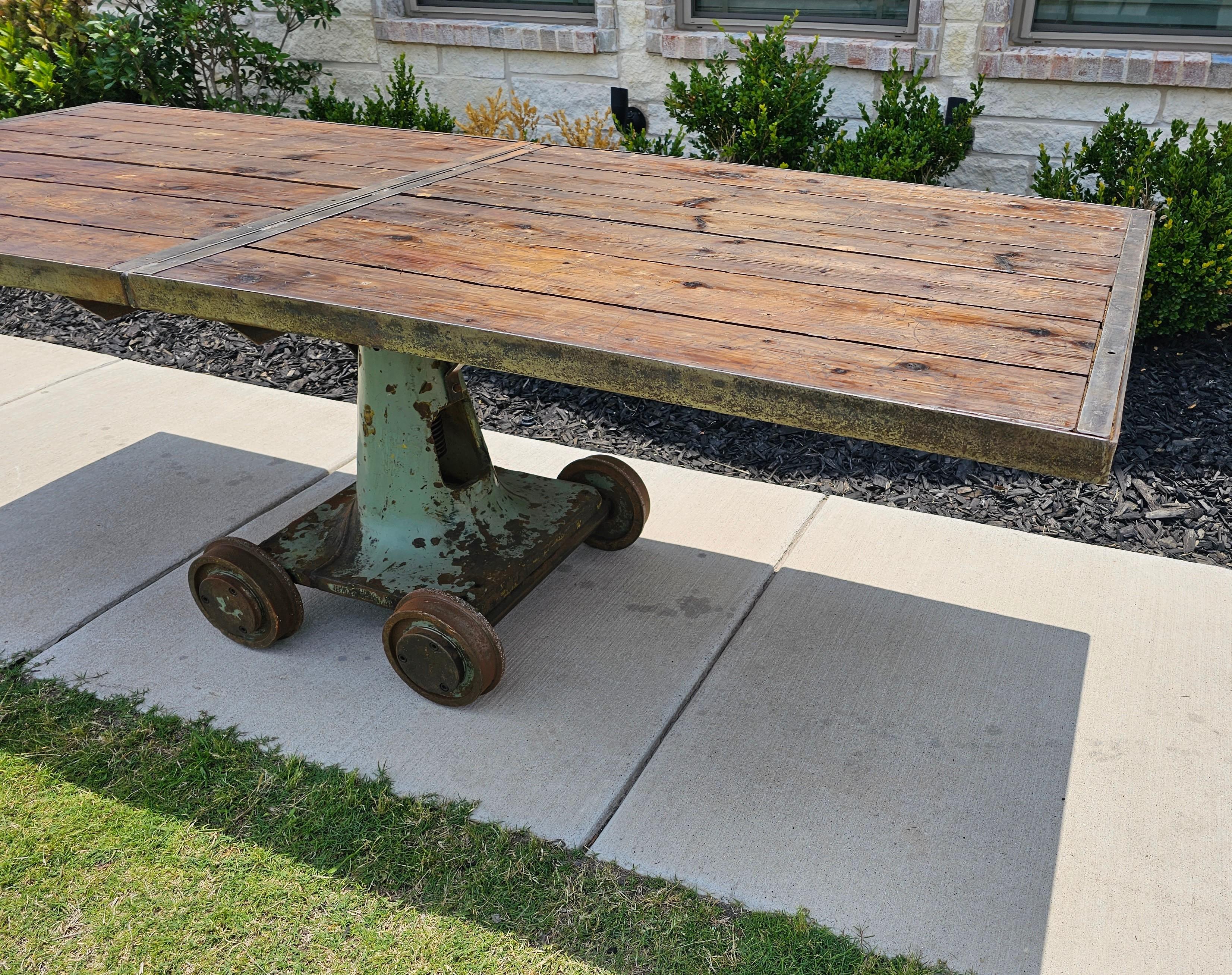 Large Industrial Cast Iron Factory Trolley Work Cart Pine Plank Table or Island For Sale 9