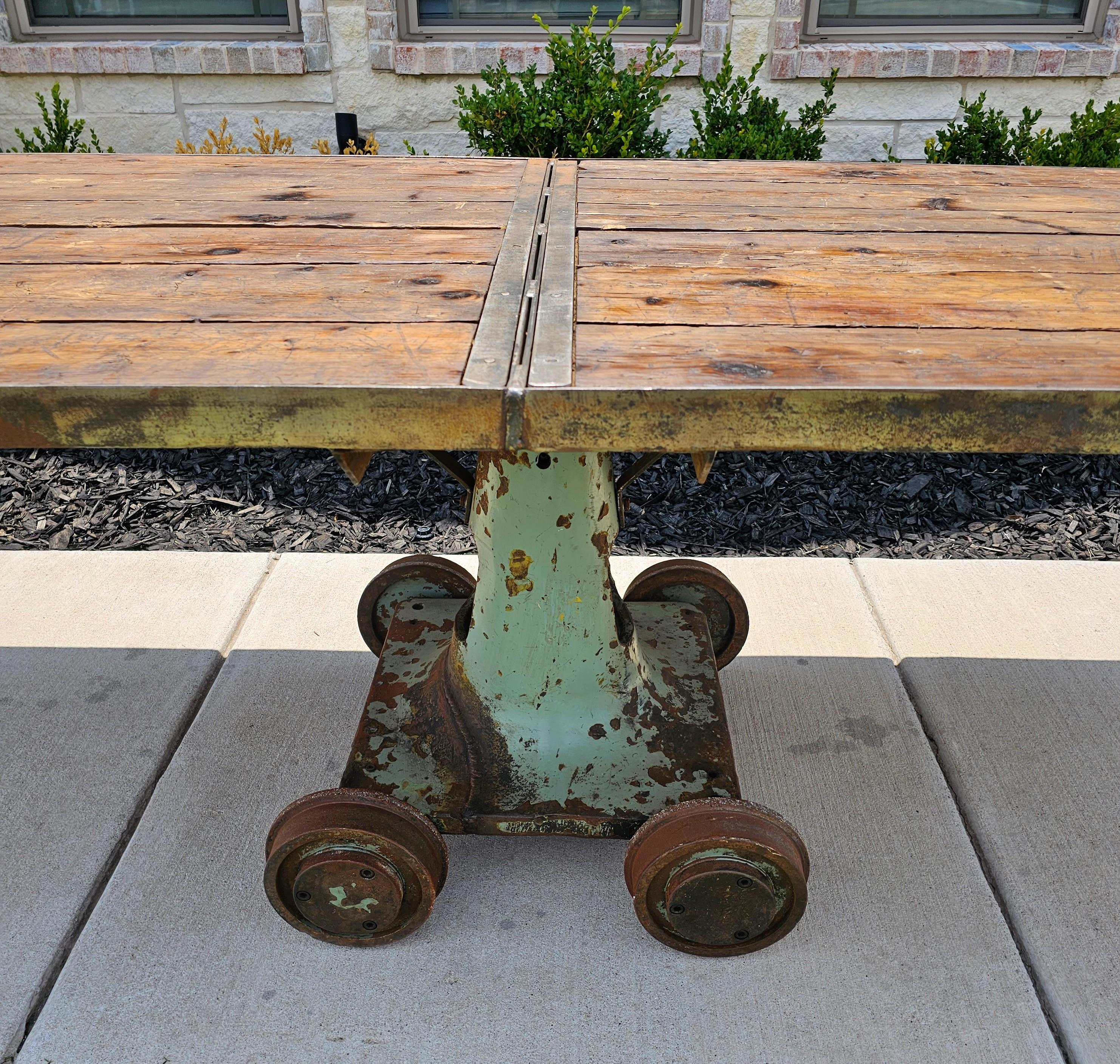 Steel Large Industrial Cast Iron Factory Trolley Work Cart Pine Plank Table or Island For Sale