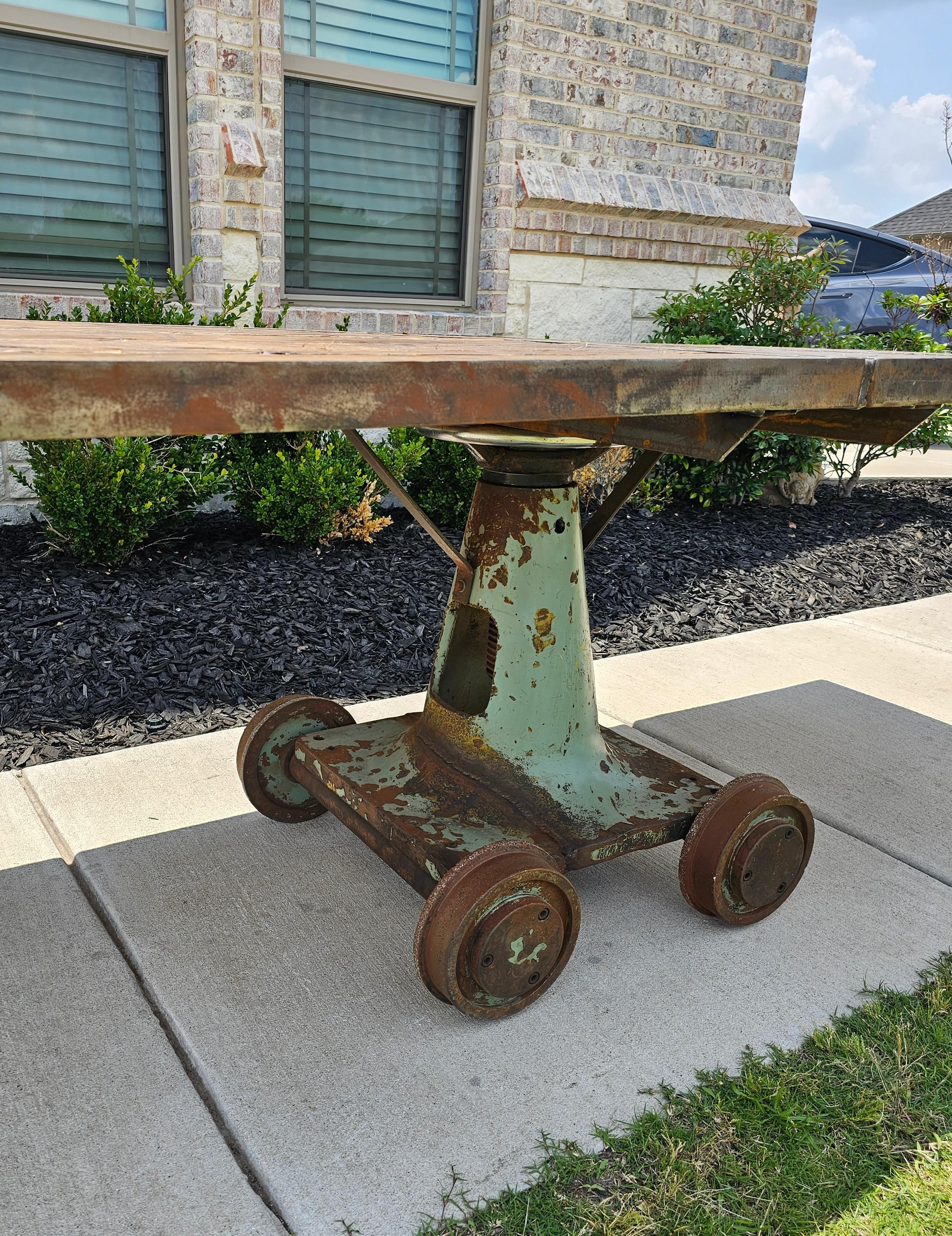 Large Industrial Cast Iron Factory Trolley Work Cart Pine Plank Table or Island For Sale 1