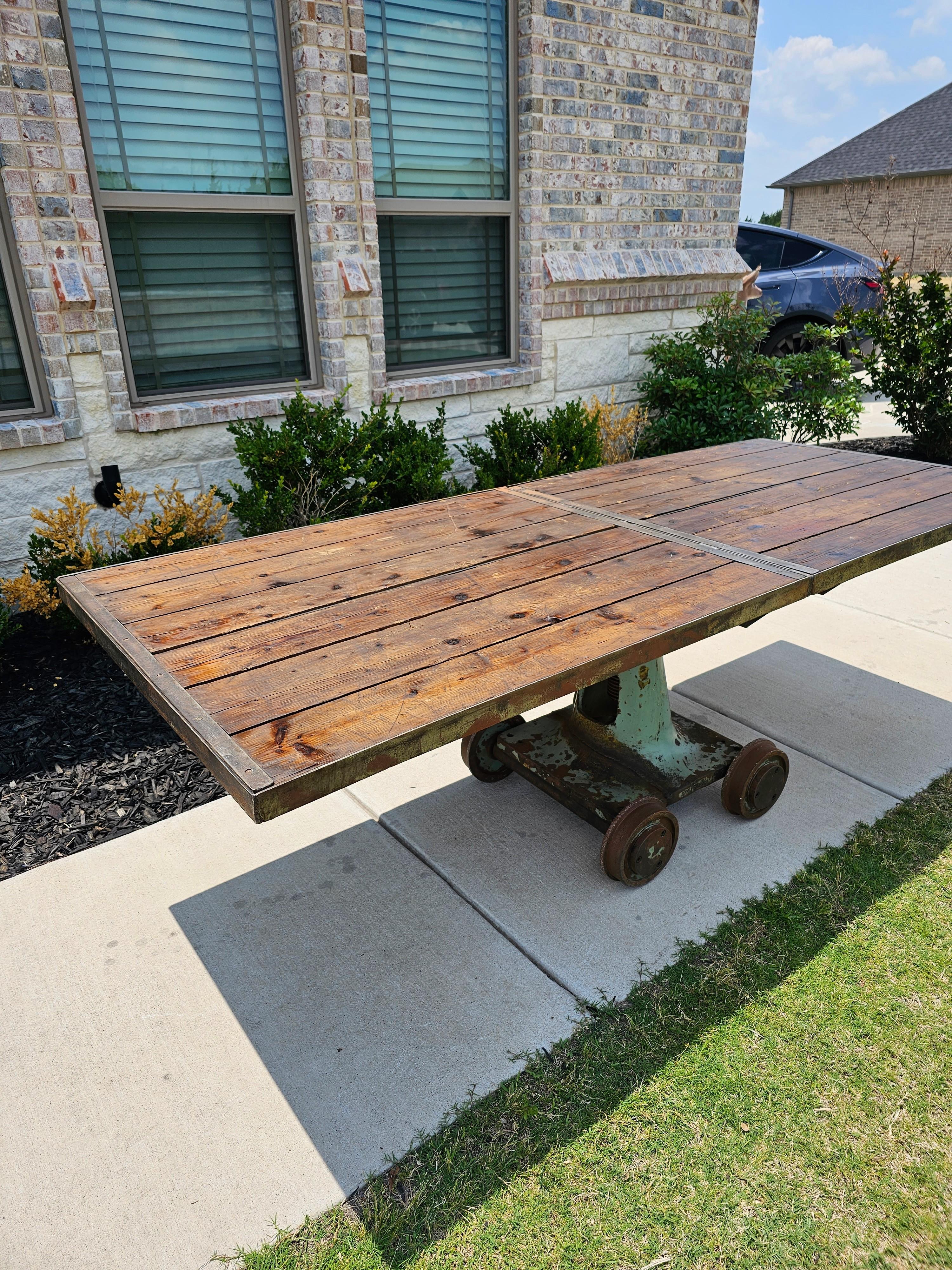 Large Industrial Cast Iron Factory Trolley Work Cart Pine Plank Table or Island For Sale 3
