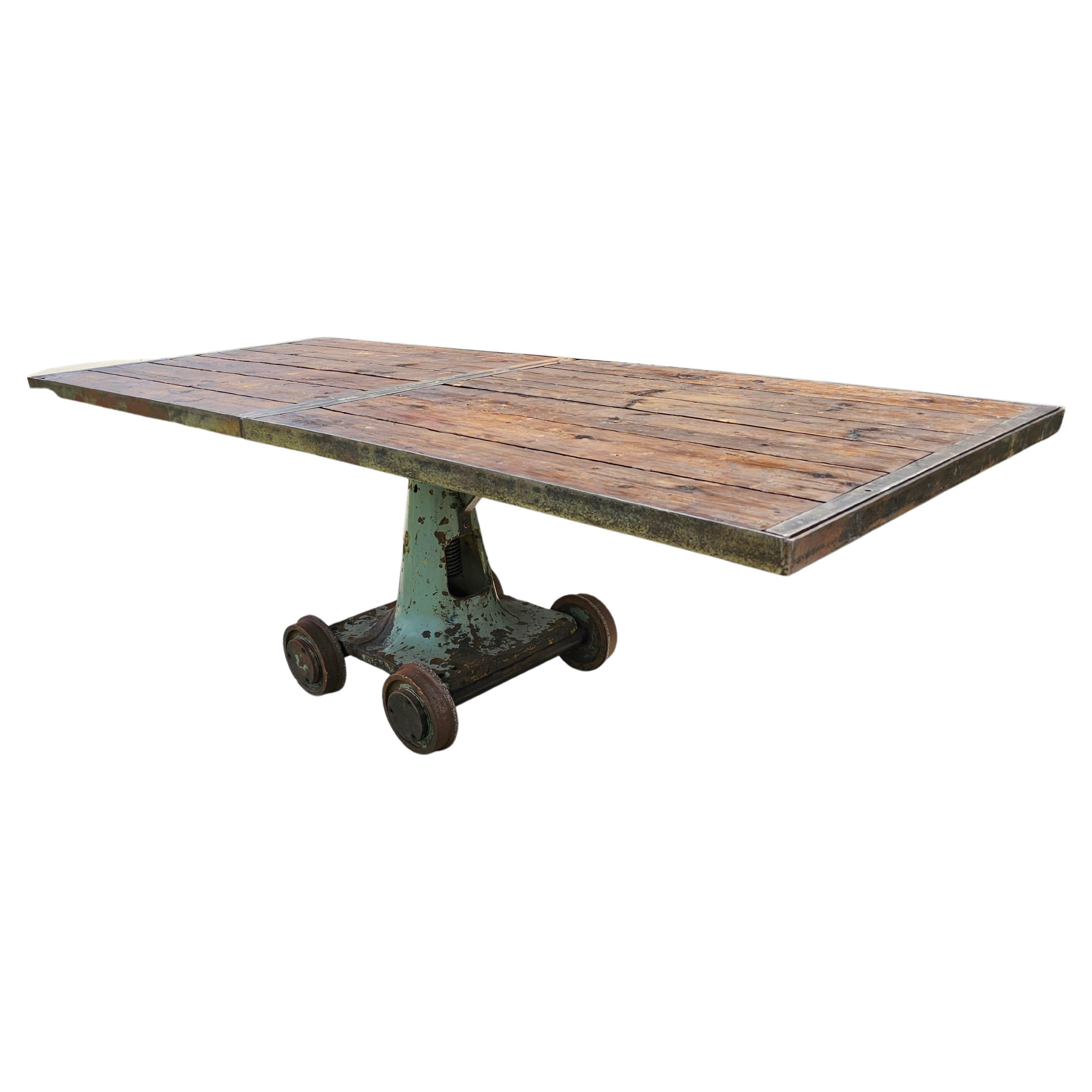 Large Industrial Cast Iron Factory Trolley Work Cart Pine Plank Table or Island For Sale