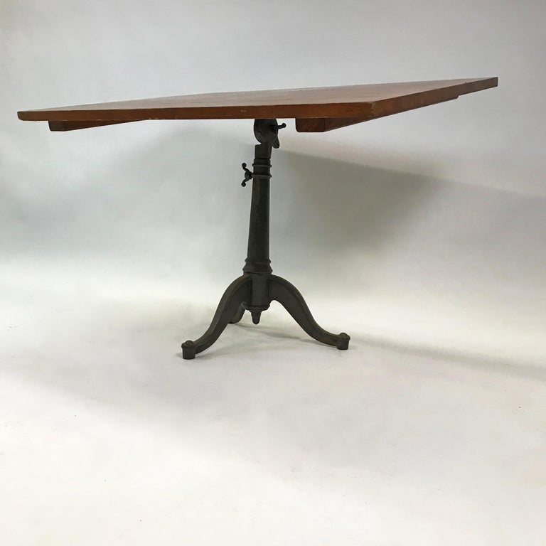 Large Industrial Cherry Drafting Table Cast Iron Pedestal Base For Sale