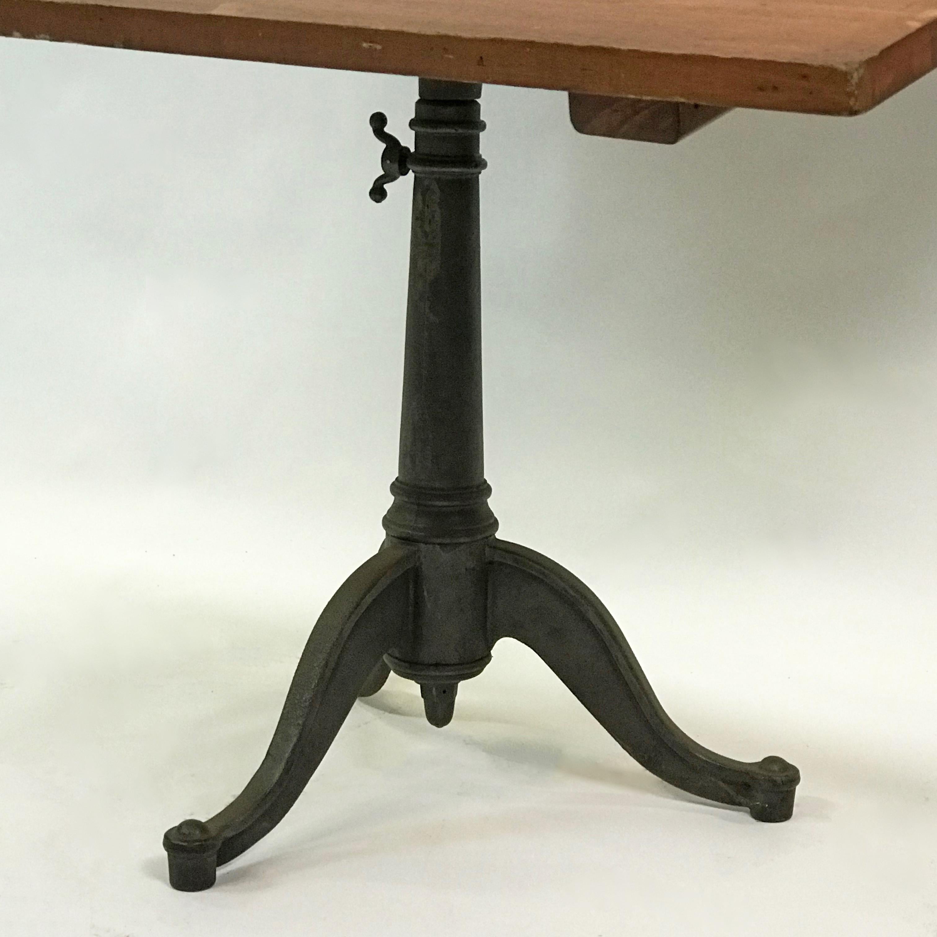 American Large Industrial Cherry Drafting Table Cast Iron Pedestal Base For Sale