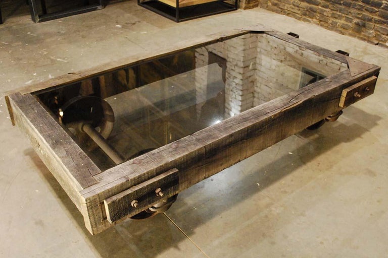 Large Industrial Coffee Table Cart With, Glass Rustic Coffee Table With Wheels