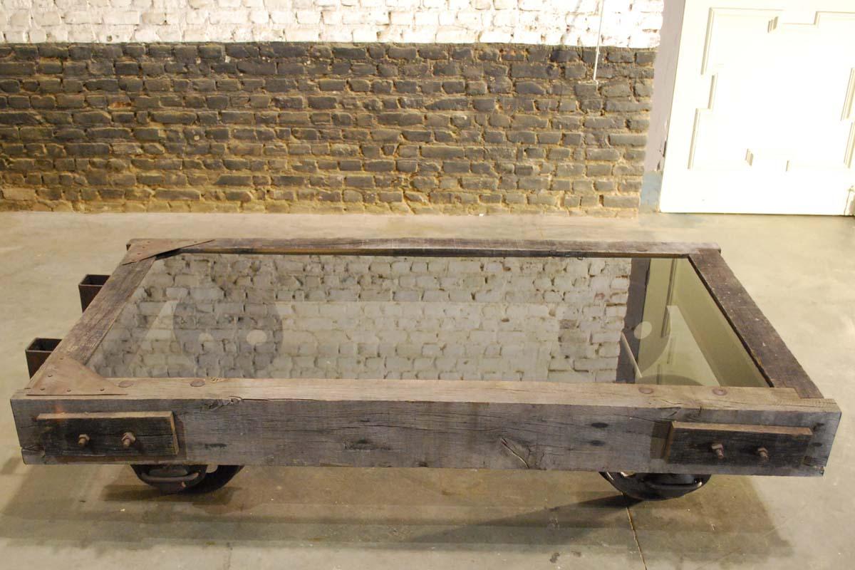 French Large Industrial Coffee Table Cart with Forged Wheels and Glass Top For Sale