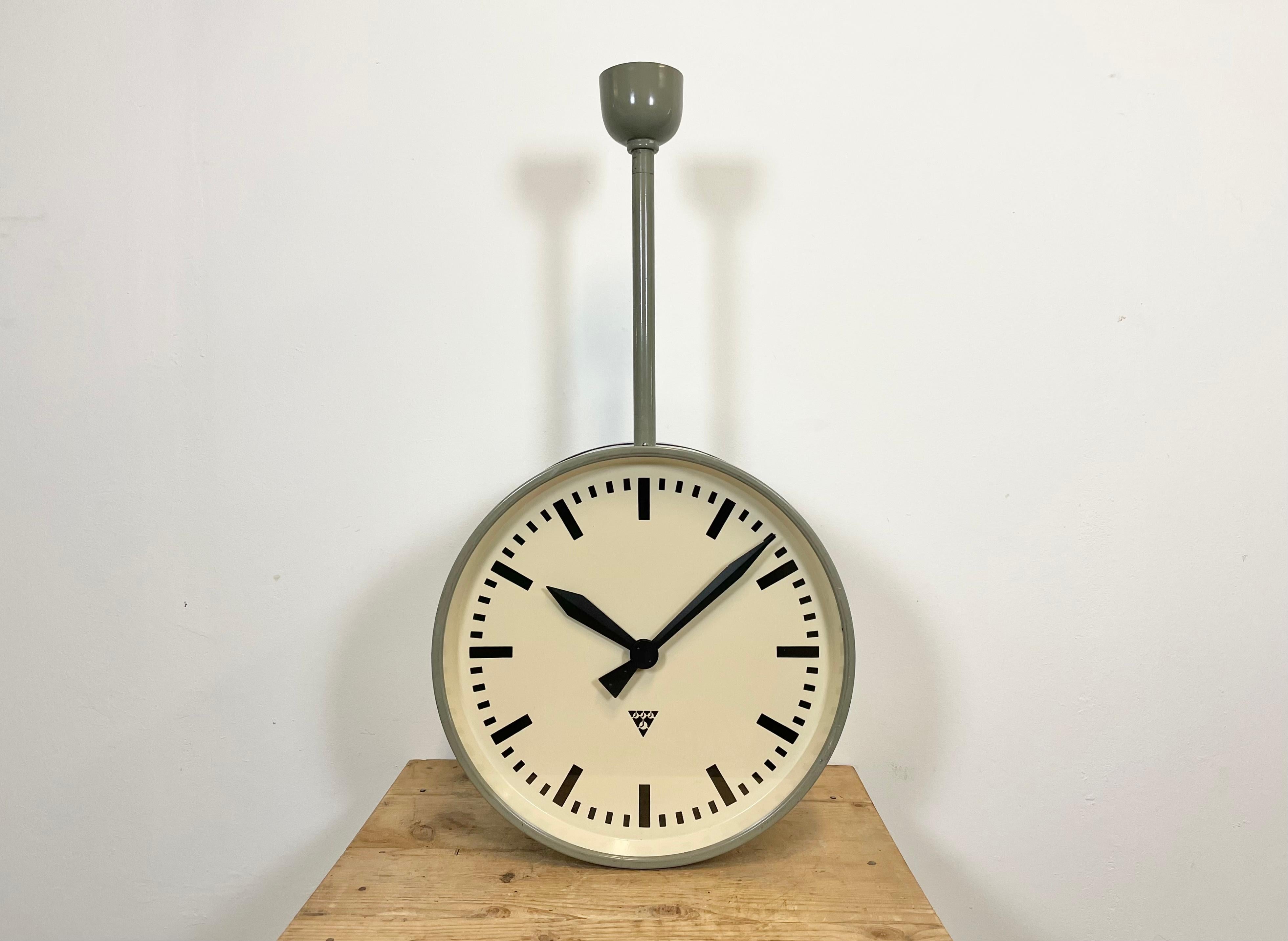 Czech Large Industrial Double Sided Railway or Factory Clock from Pragotron, 1950s