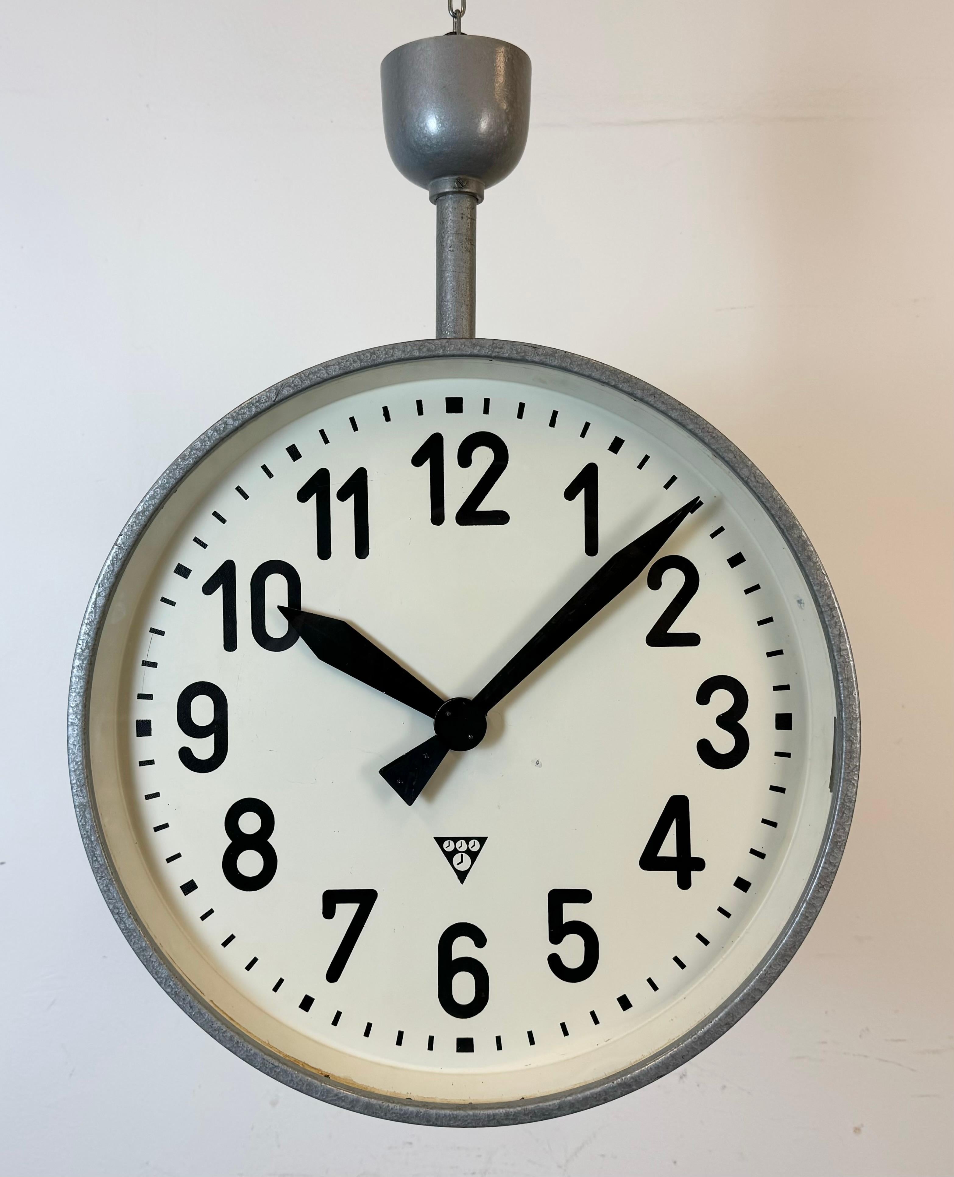 Czech Large Industrial Double Sided Railway or Factory Clock from Pragotron, 1950s For Sale