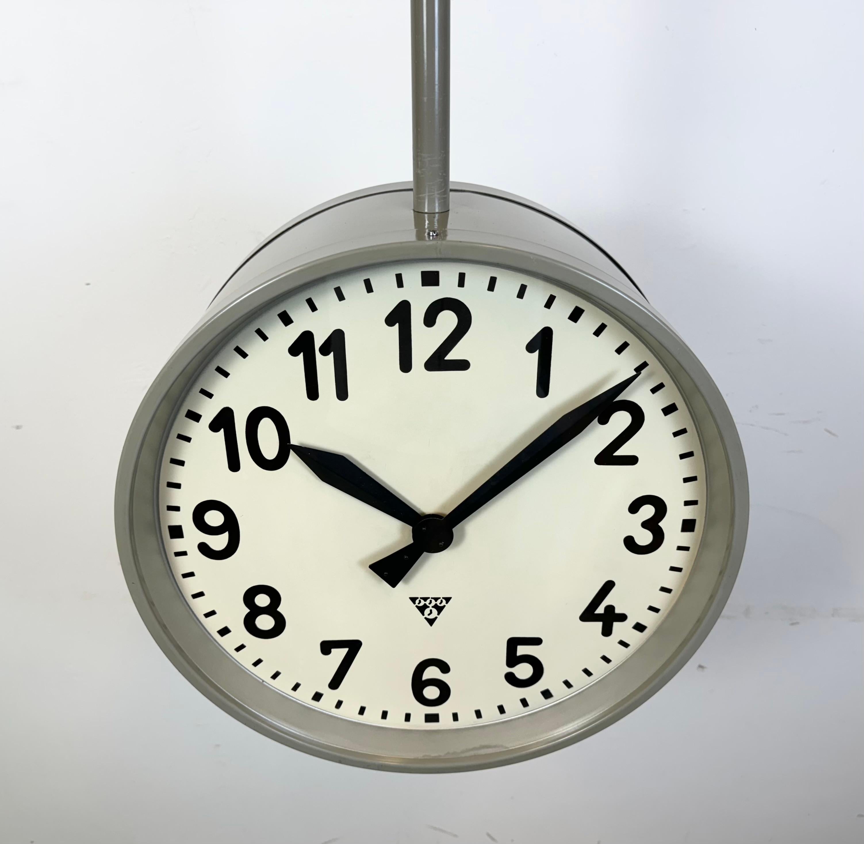 Glass Large Industrial Double Sided Railway or Factory Clock from Pragotron, 1950s For Sale