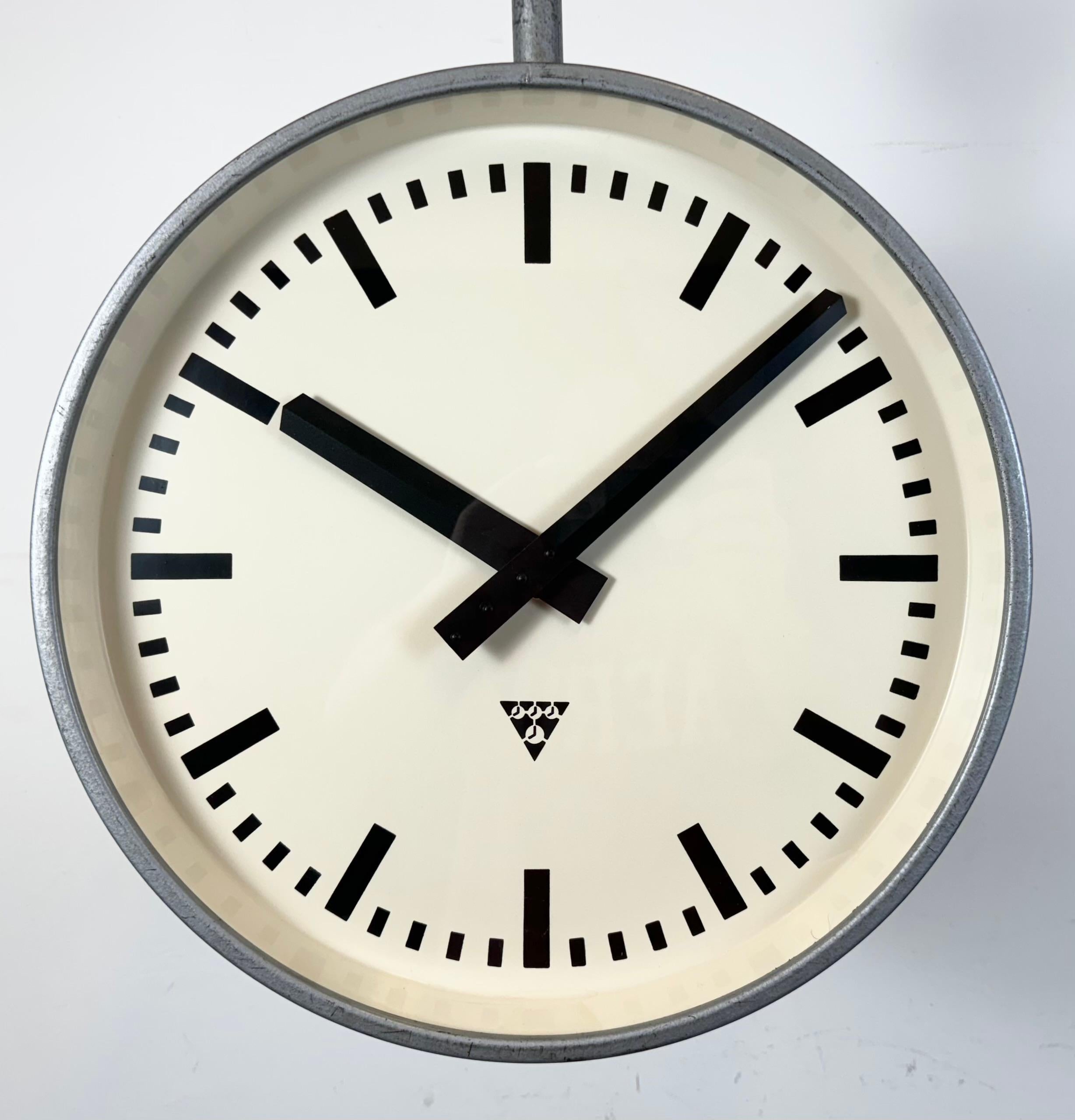 Large Industrial Double Sided Railway or Factory Clock from Pragotron, 1960s In Good Condition In Kojetice, CZ