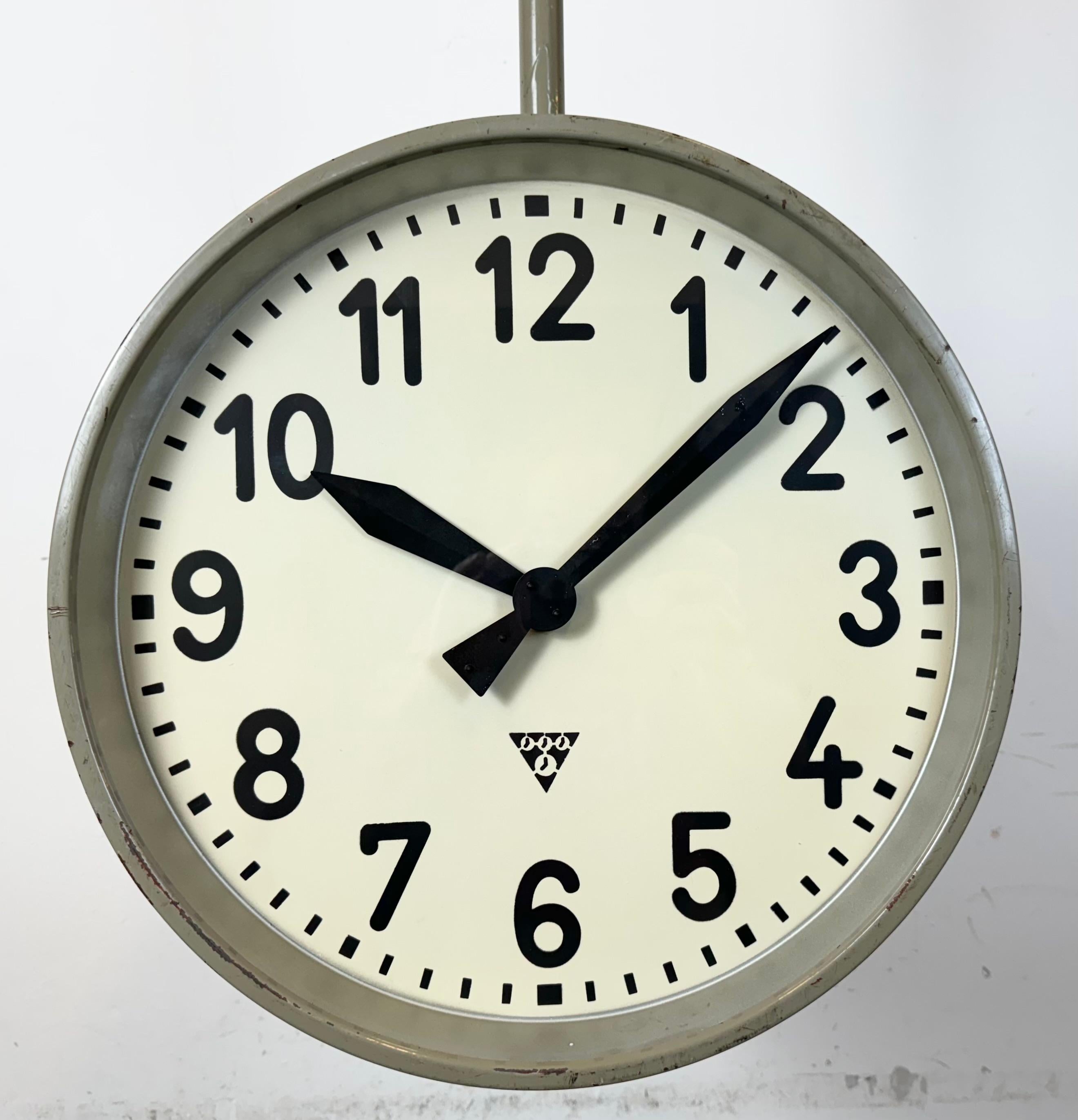 Glass Large Industrial Double Sided Railway or Factory Clock from Pragotron, 1960s For Sale