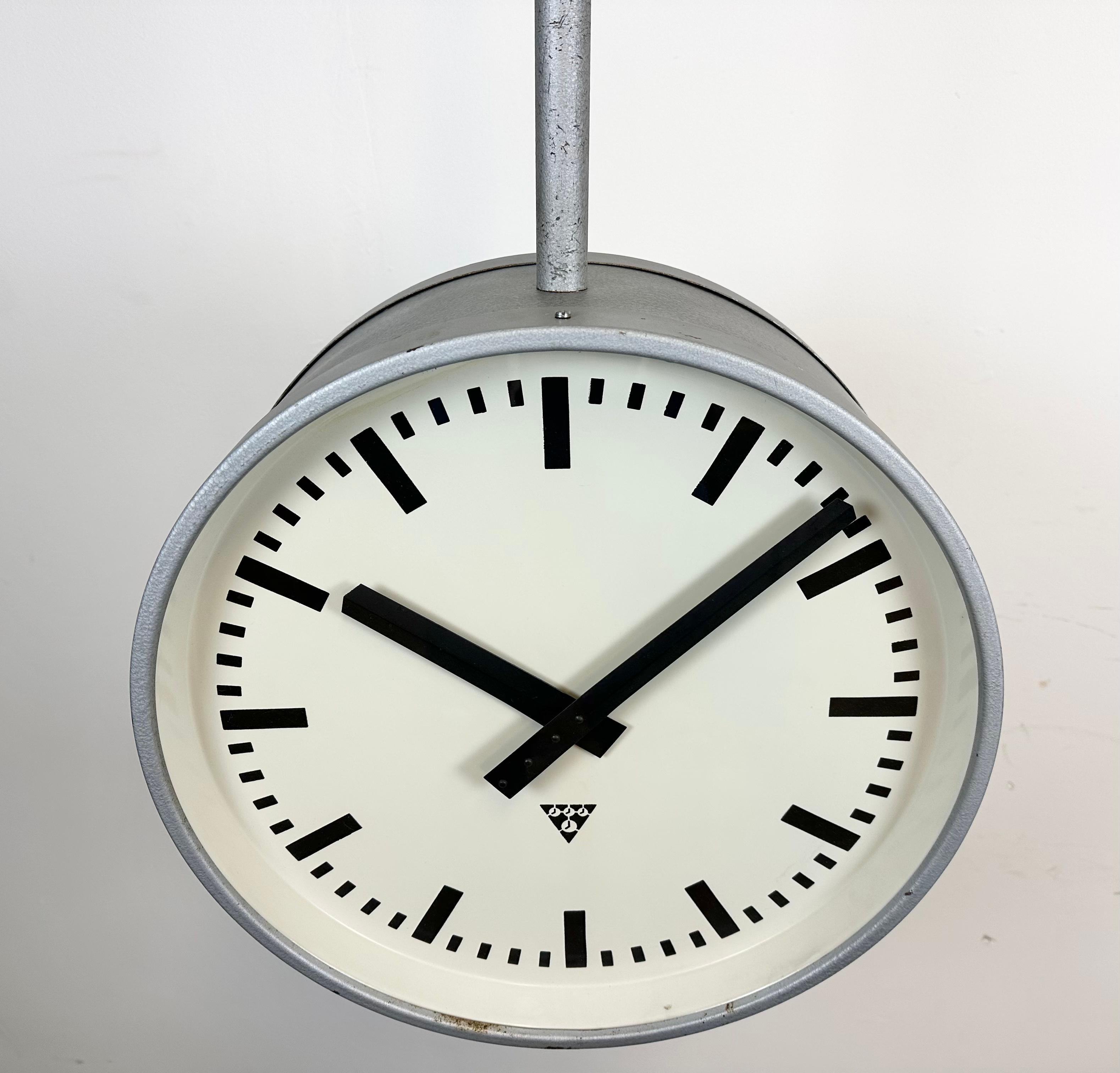 Glass Large Industrial Double Sided Railway or Factory Clock from Pragotron, 1960s